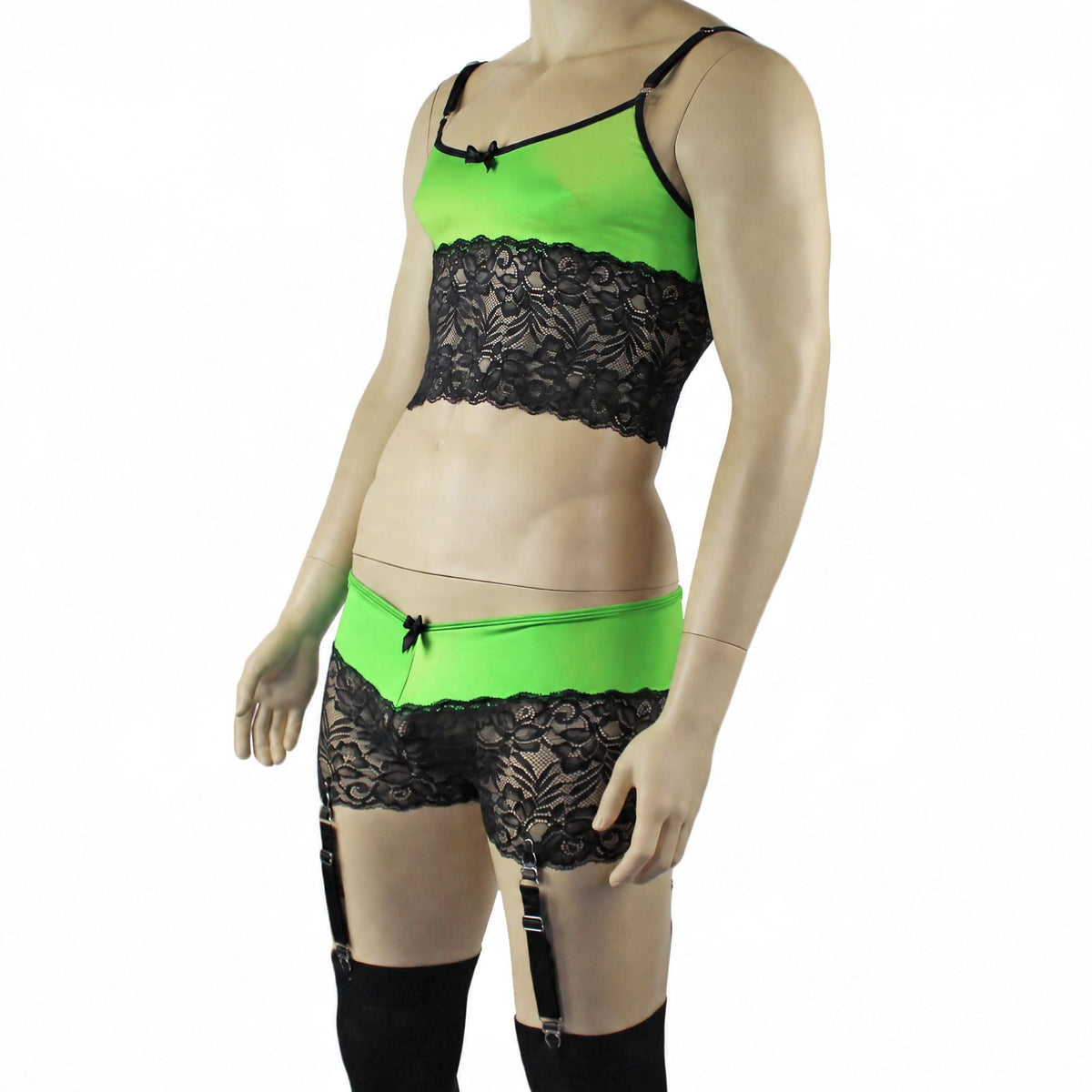 Mens Risque Camisole Top Boxer Briefs with Garters Neon Green & Black Lace