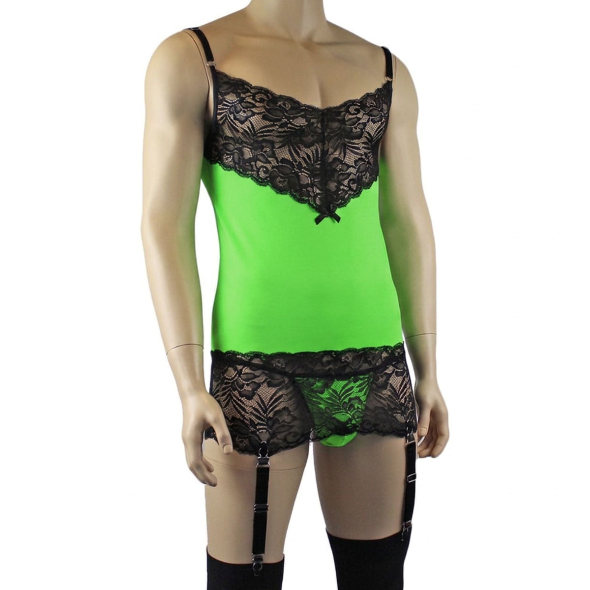 Mens Risque Camisole Mini Dress Chemise, G string & Stockings Neon Green & Black