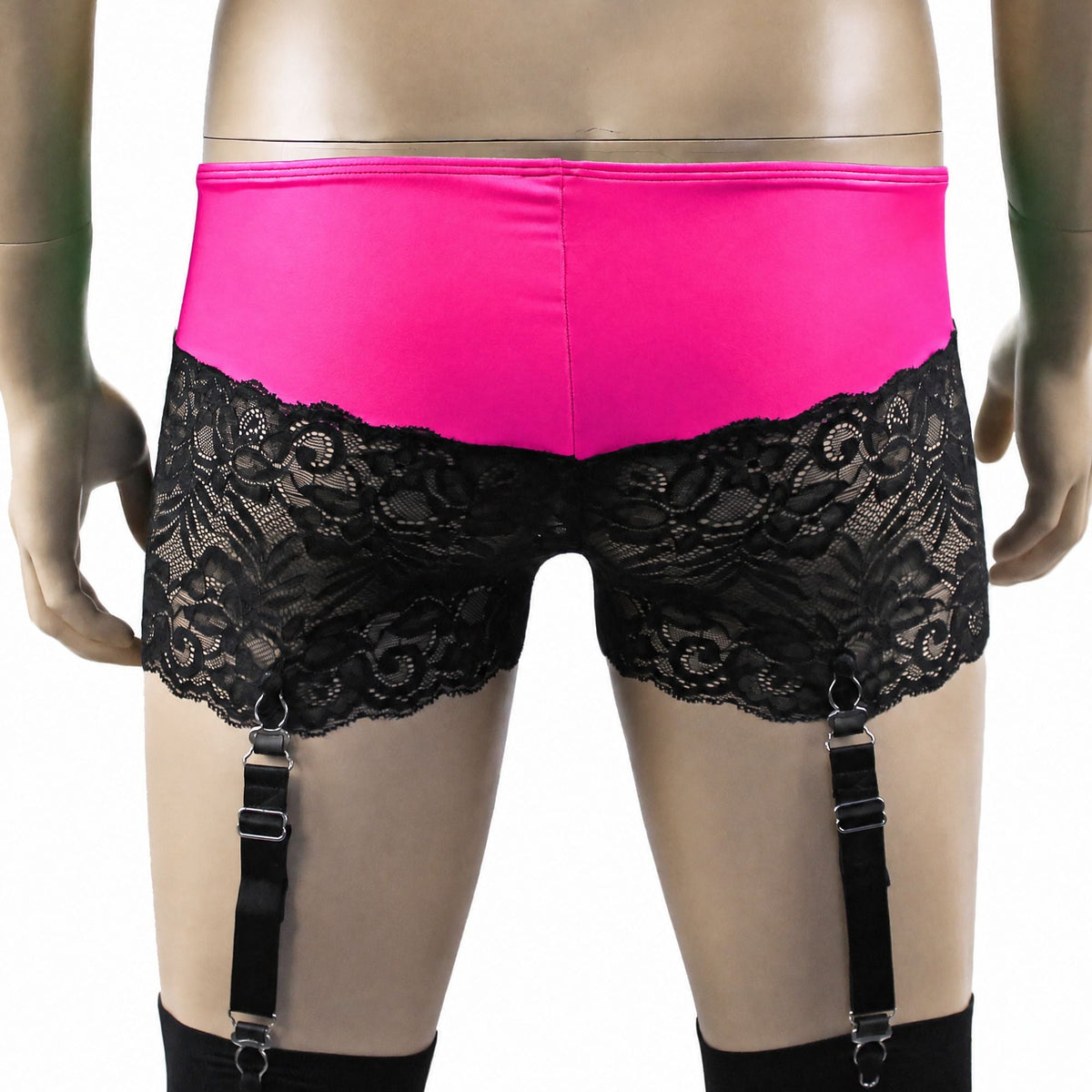 Mens Risque Boxer Briefs with Detachable Garters & Stockings Neon Pink and Black Lace