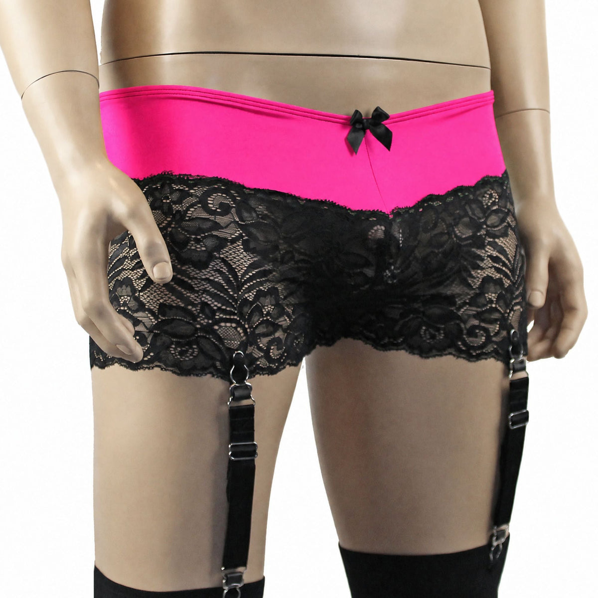 Mens Risque Boxer Briefs with Detachable Garters & Stockings Neon Pink and Black Lace