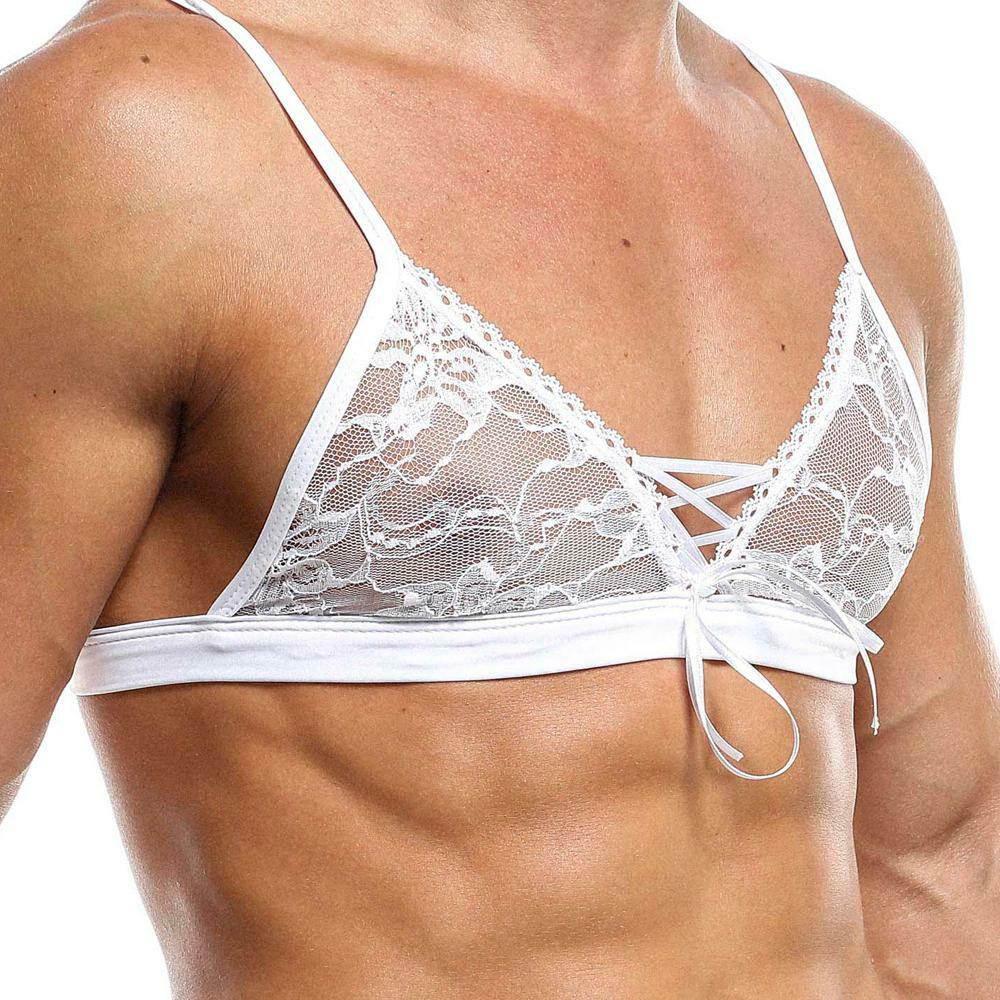 JCSTK -  Mens Secret Male Lace Bra Top with Lace-up Front White