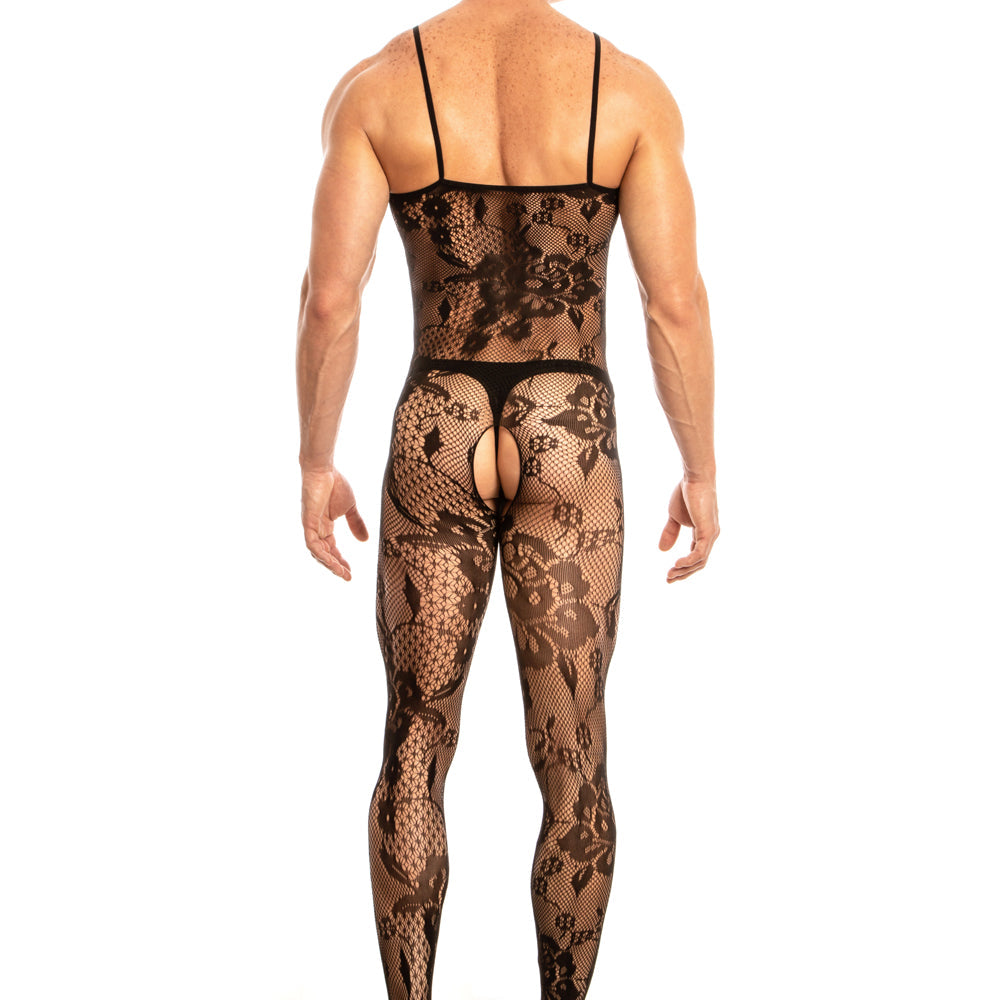 JCSTK - Unisex OY-MP161 Floral Lace Bodystocking with Thin Straps Black