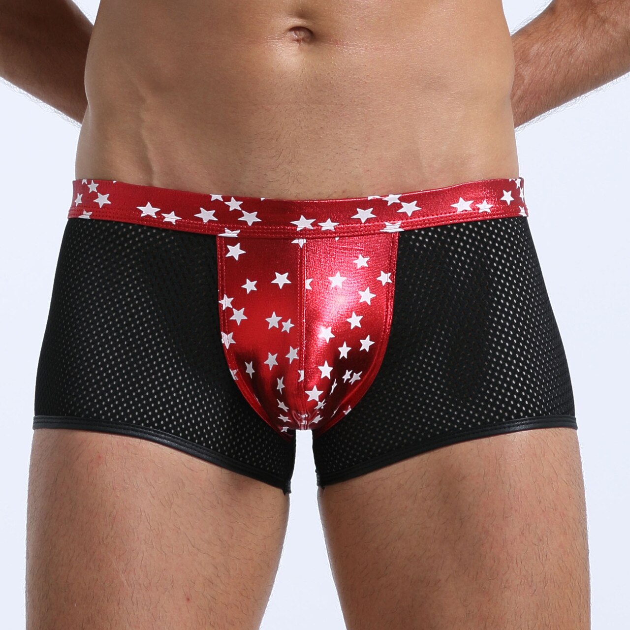 SALE - Mens Super Stars Shiny Metallic and Net Boxer Shorts Red and Black