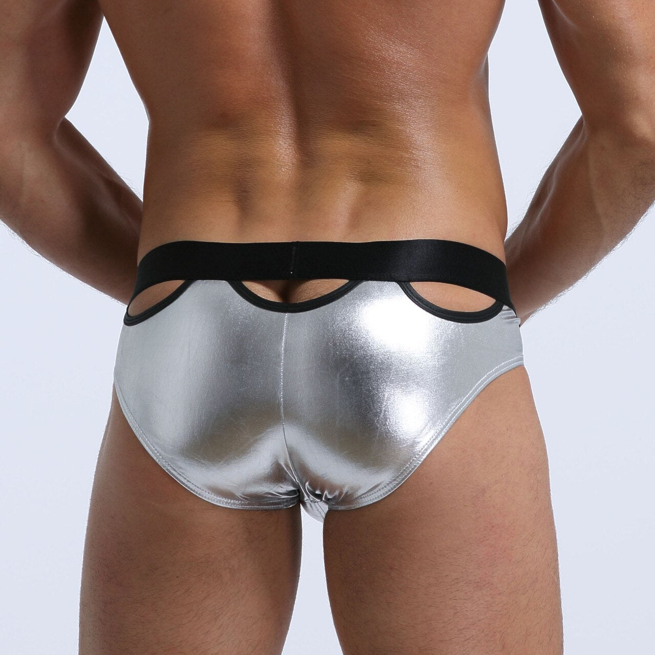 JCSTK - Mens Stretch Shiny Metallic Bikini Briefs with Peep Holes Silver