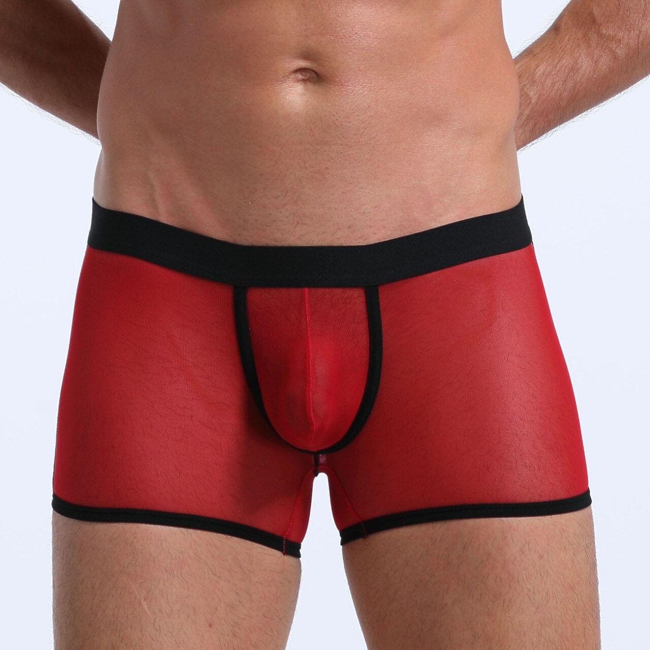 SALE - Mens Stretch Mesh Sheer Boxer Briefs with Pouch Front Red