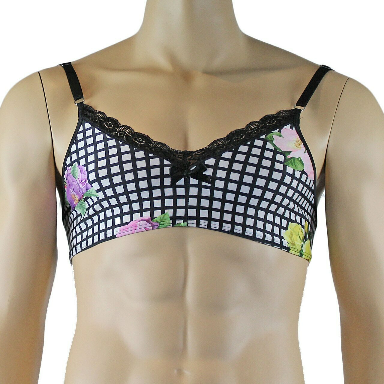 Mens Diana Bra Top & Thong in a Pretty Flower Checkered Print Spandex