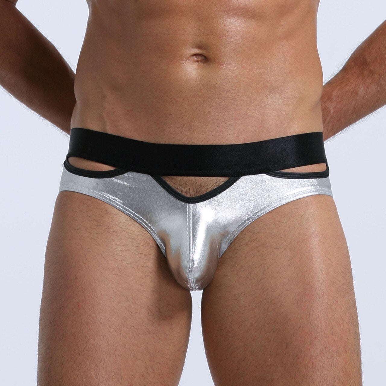 JCSTK - Mens Stretch Shiny Metallic Bikini Briefs with Peep Holes Silver