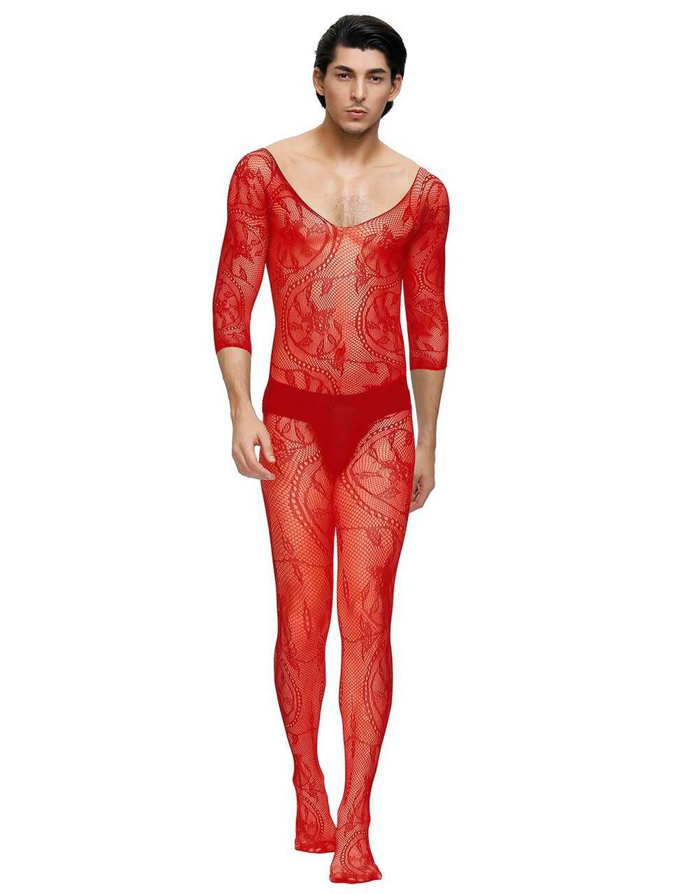 Mens Lingerie Floral Swirl Bodystocking with Sleeves Red