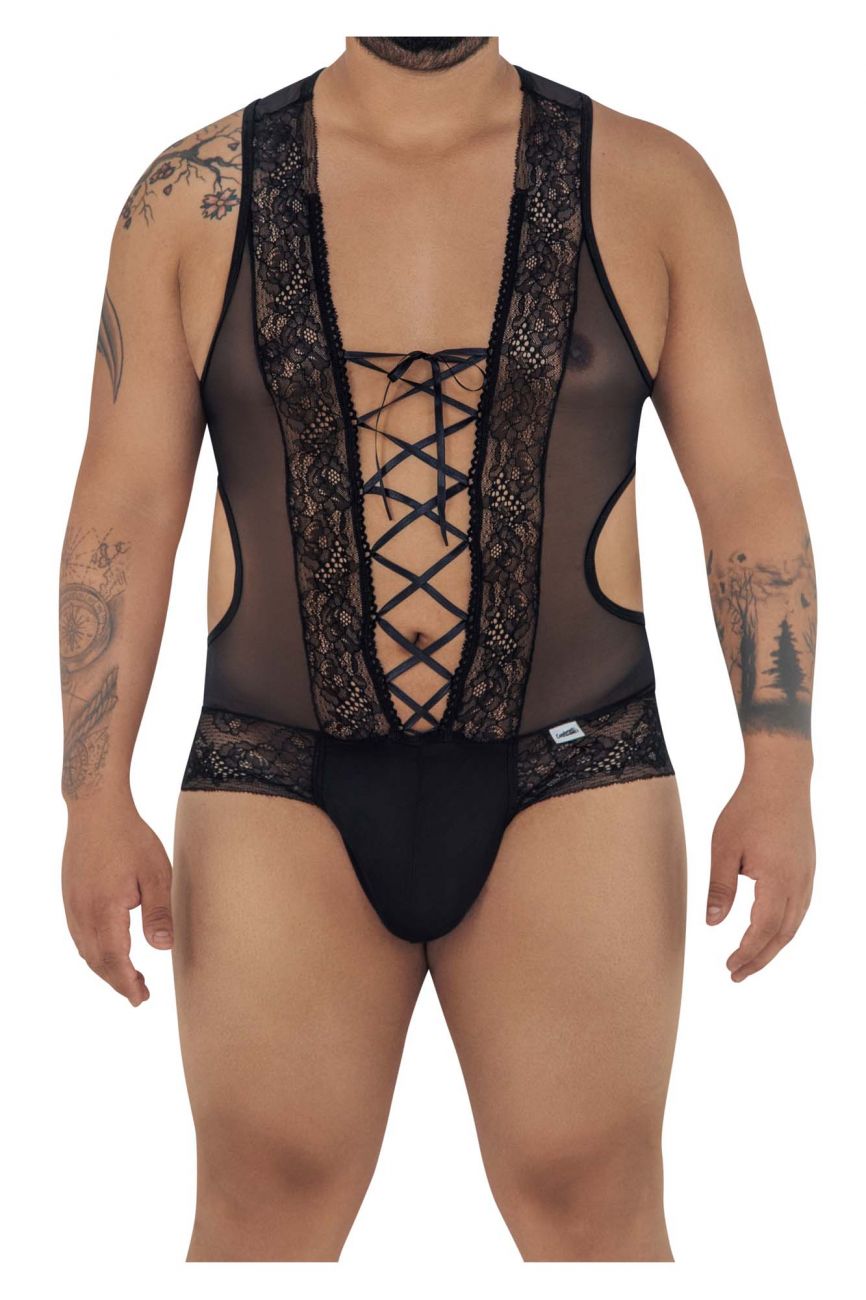 CandyMan 99557X Mesh-Lace Bodysuit Black Plus Sizes