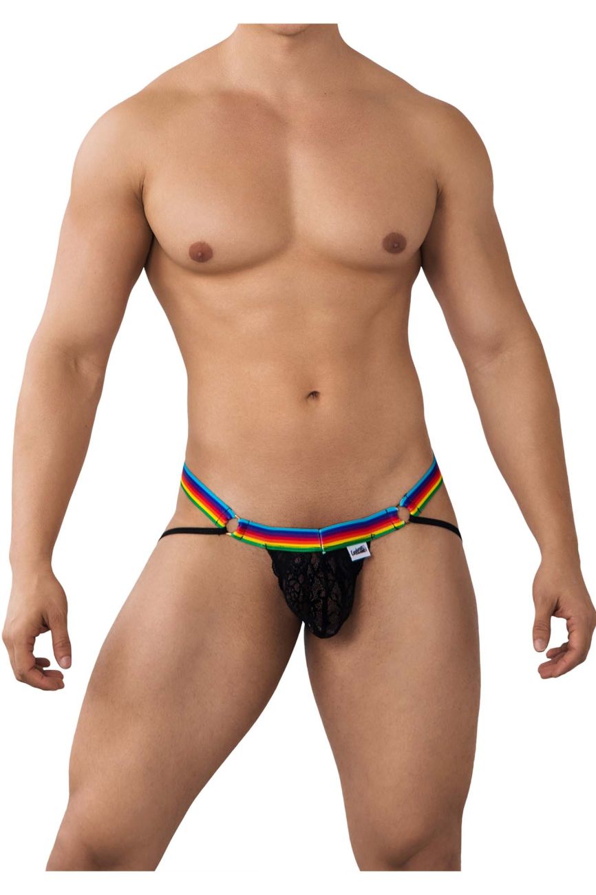 CandyMan 99626 Prints Jockstrap Thongs Black-Rainbow