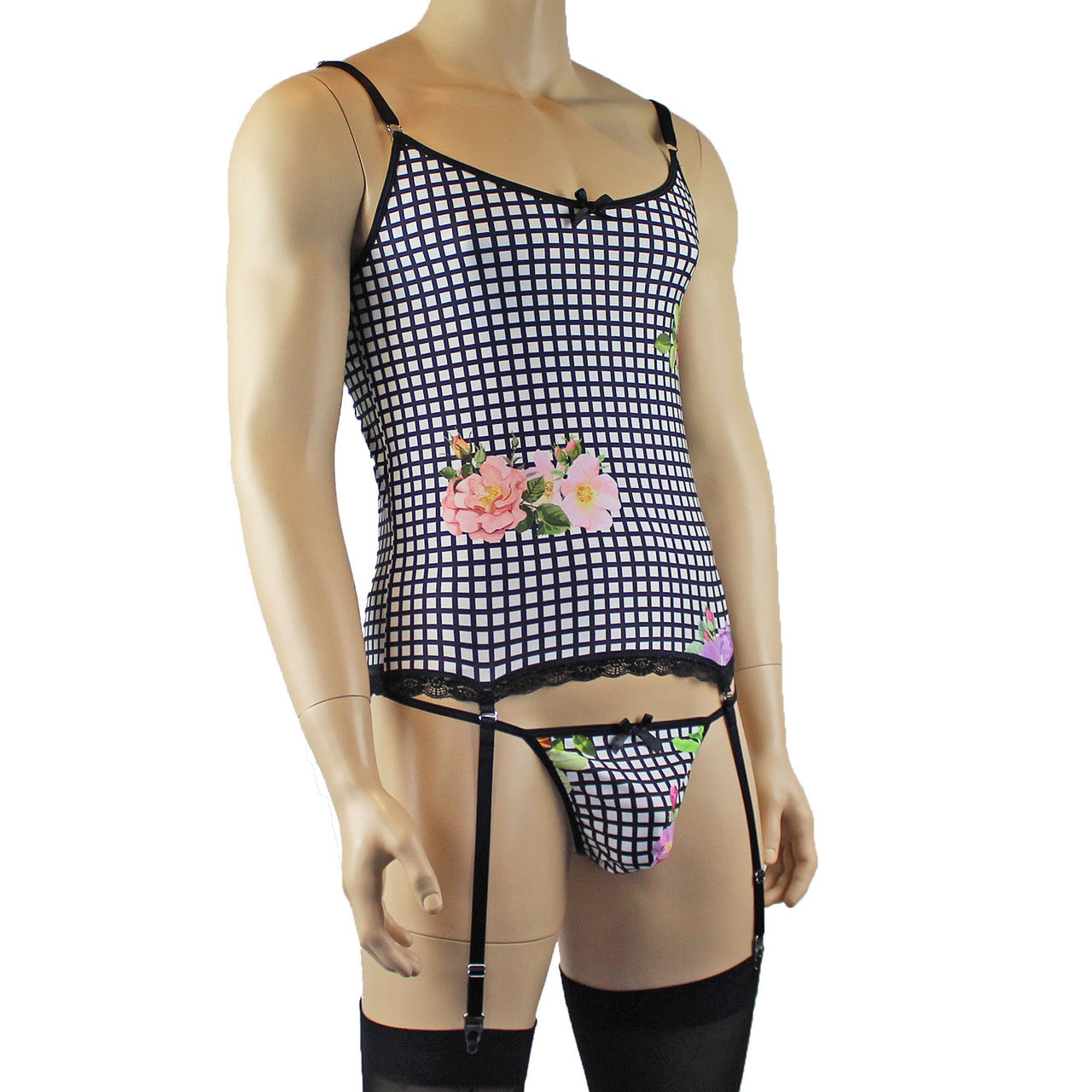 SALE - Mens Diana Camisole Corset Top in a Pretty Flower Checkered Spandex