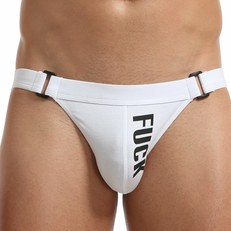 SALE - Mens Stretch Cotton Spandex Thong with Printed Detail White