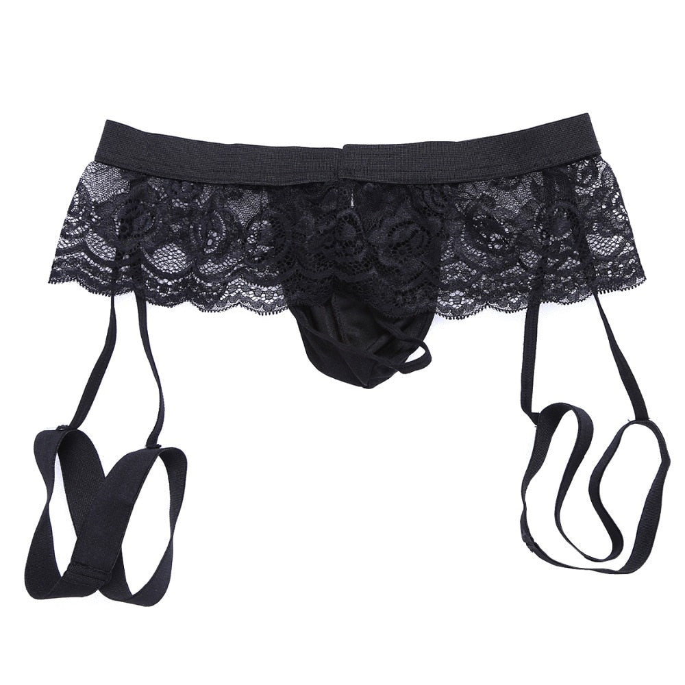 Mens Sissy Garterbelt Thong Black