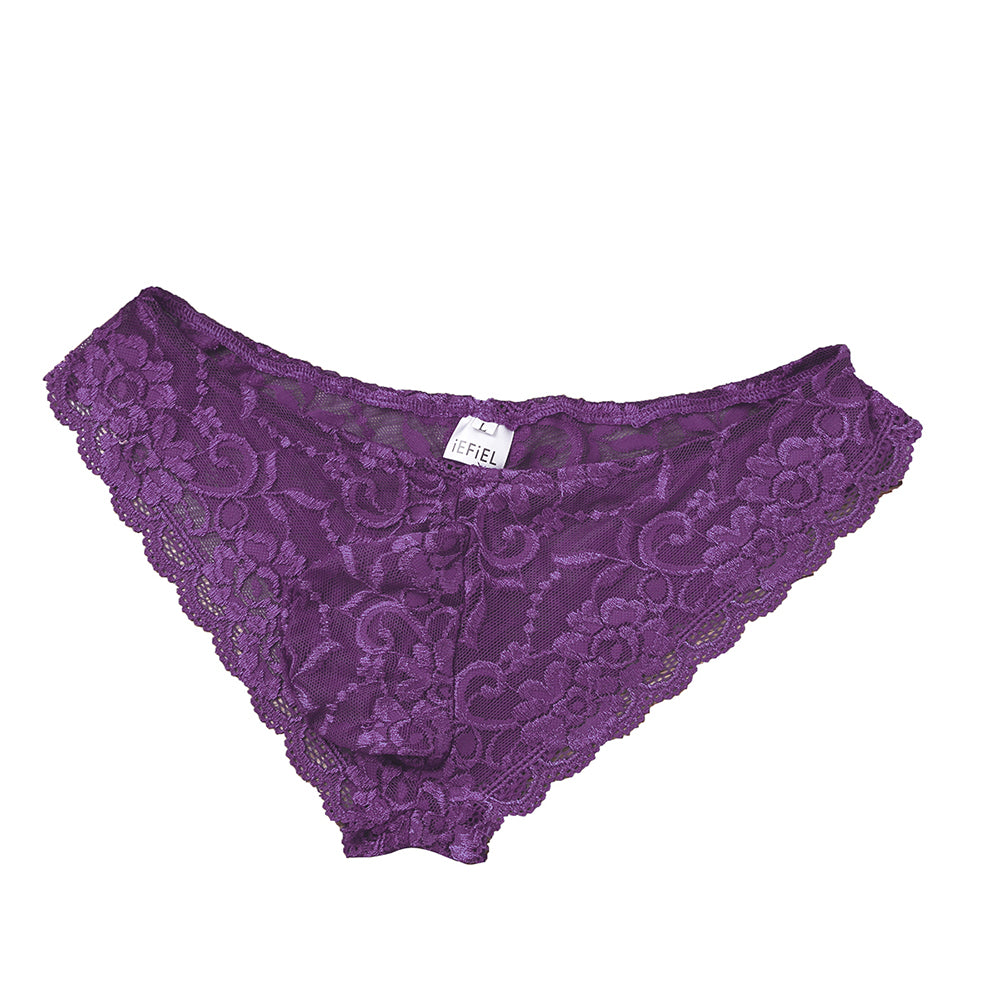 Mens Sissy Stretch Lace Briefs with Pouch Front Purple