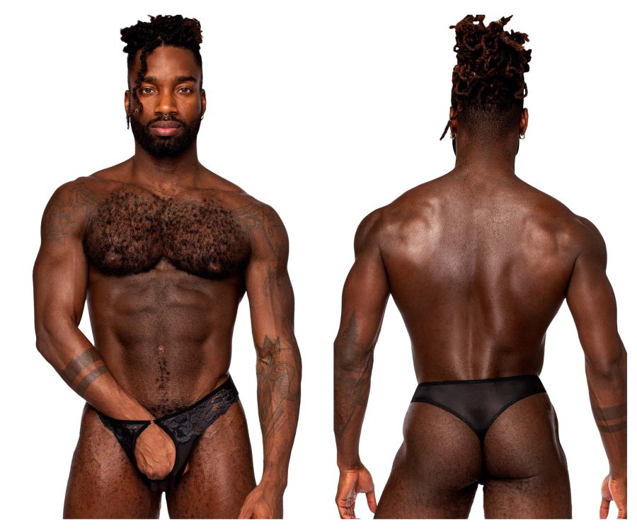 Male Power 409-280 Sassy Lace Open Ring Thong Black