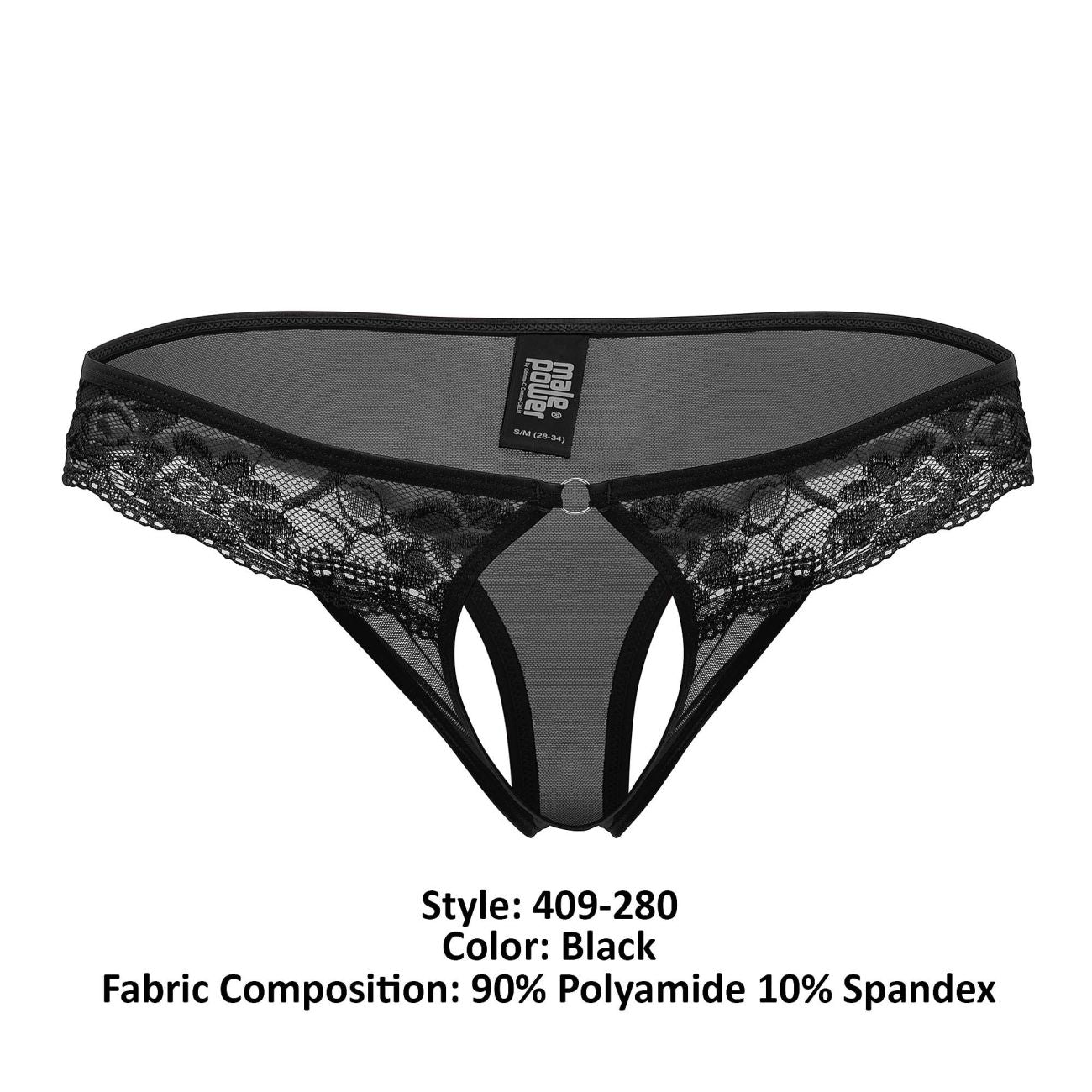 Male Power 409-280 Sassy Lace Open Ring Thong Black