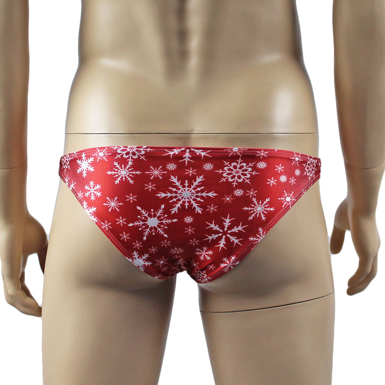 Mens Snowflake Print Spandex Low Cut Brief with Sexy Back Red and White