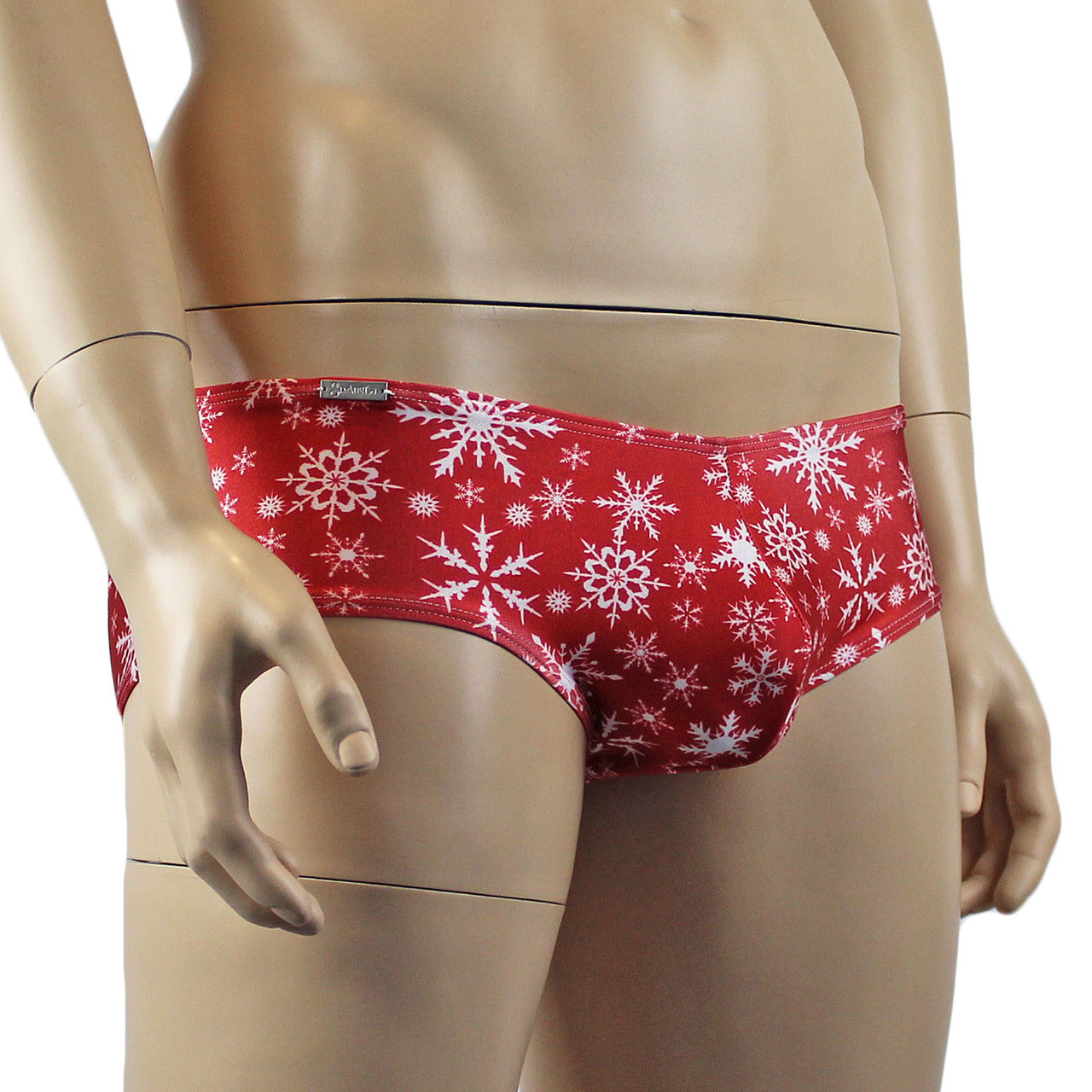 Mens Snowflake Print Spandex Low Cut Boxer Brief Red and White