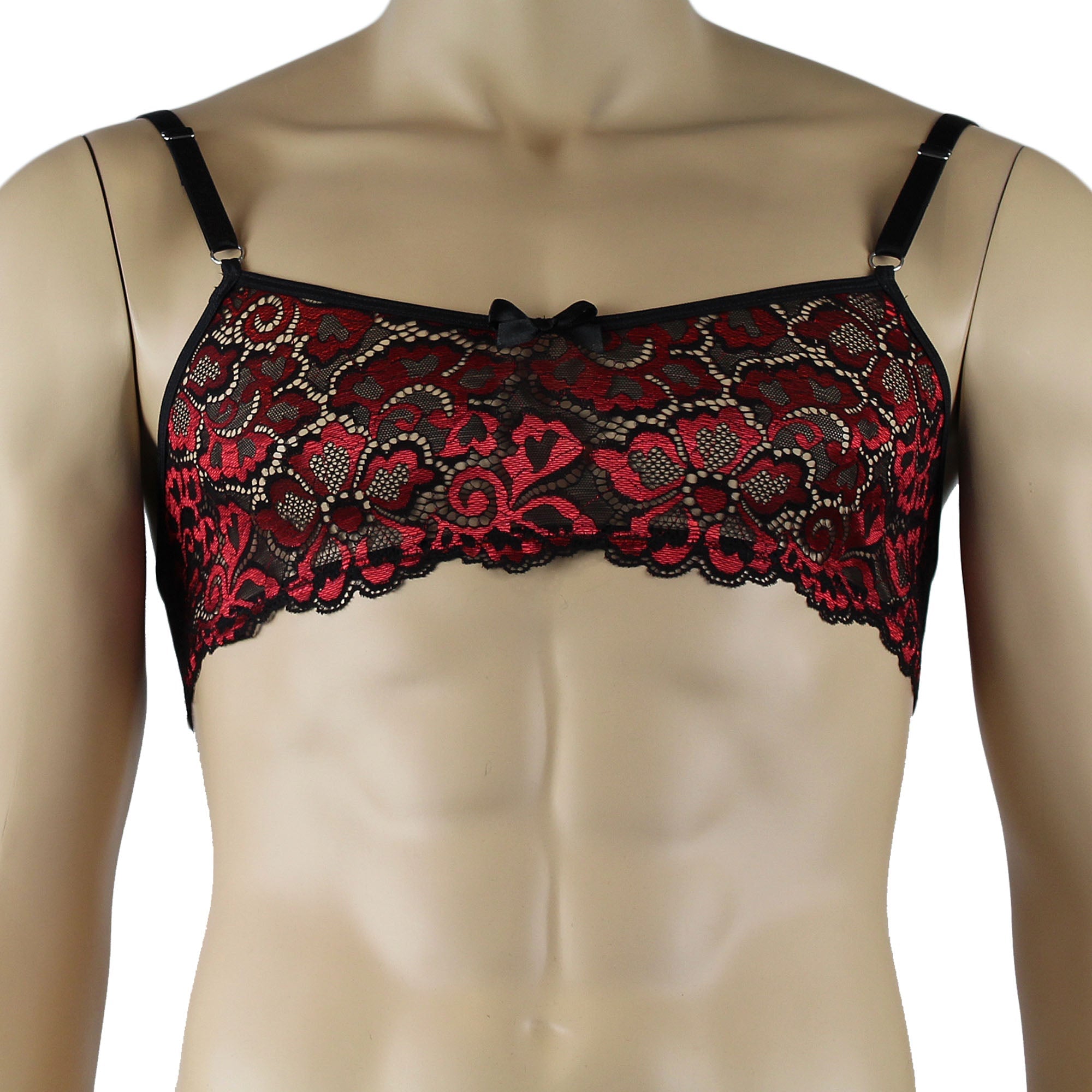 Mens Sweetheart Scalloped Shiny Lace Bra Top and Panty Red