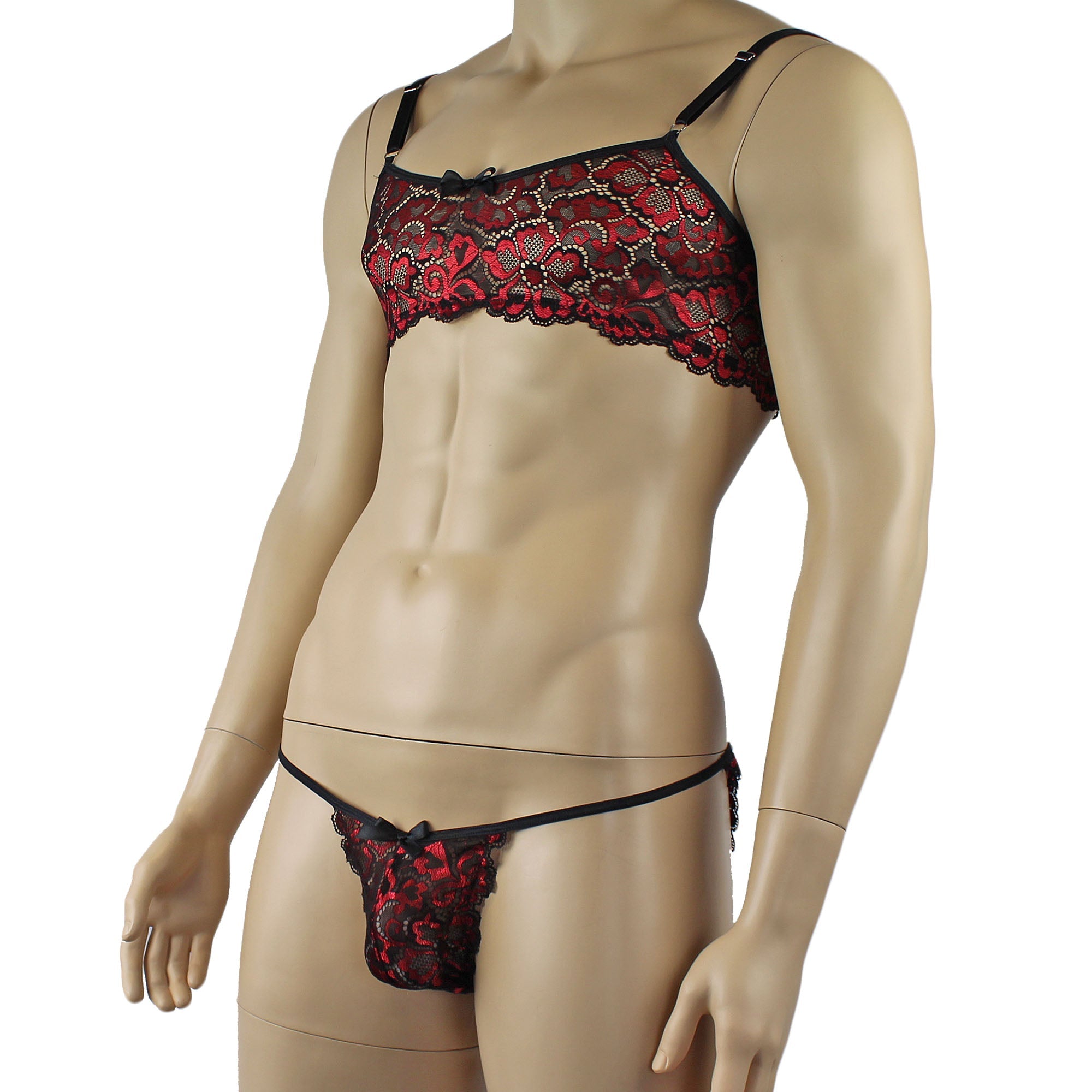 Mens Sweetheart Scalloped Shiny Lace Bra Top and Panty Red