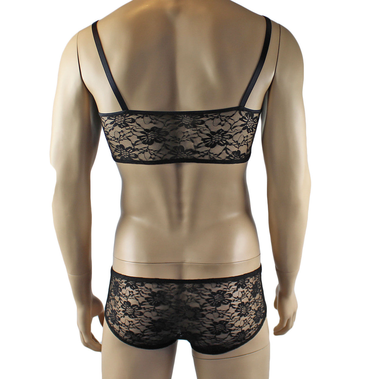 Mens Lace Crop Bra Top Camisole and Male Lingerie Panty Briefs (black plus other colours)