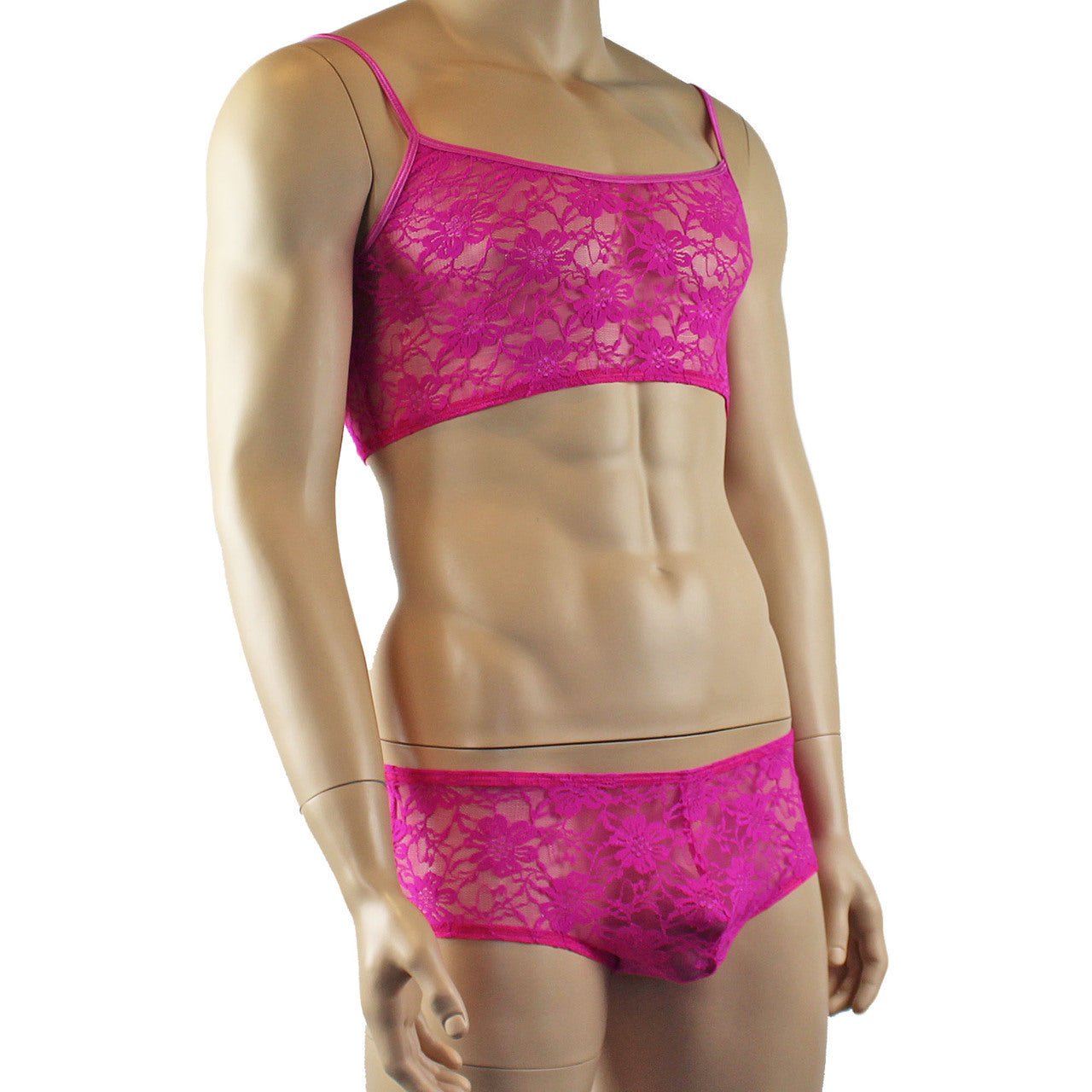 Mens Lace Crop Bra Top Camisole and Male Lingerie Panty Briefs (neon pink plus other colours)