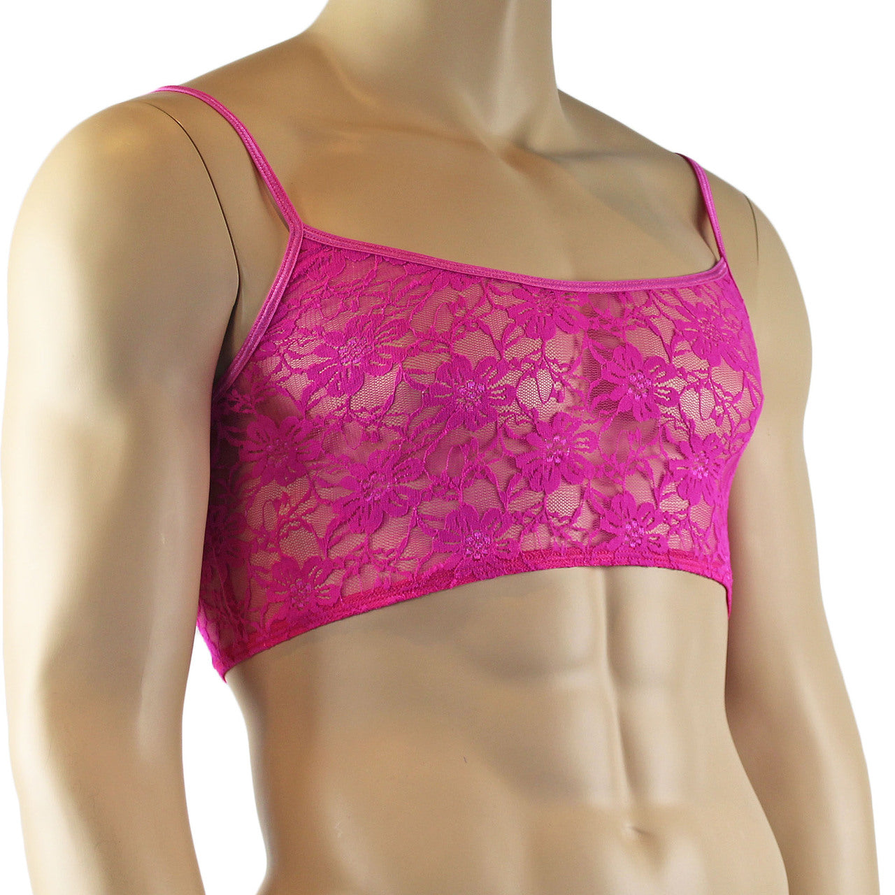 Mens Lace Crop Bra Top Camisole Black Male Lingerie (neon pink plus other colours)