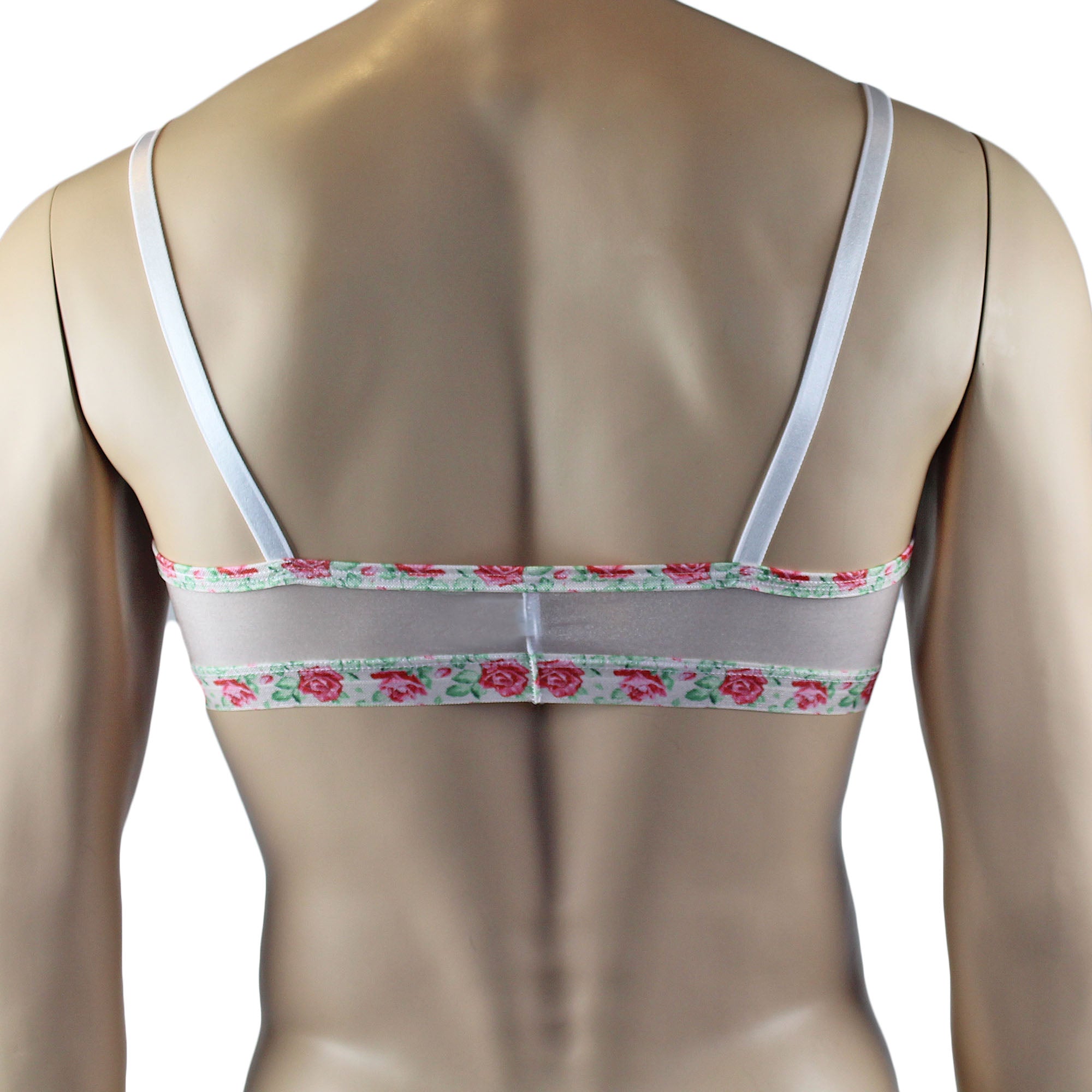 Mens Crystal Rose Sheer Stretch Glissenette Bra Top with Flower Trim White