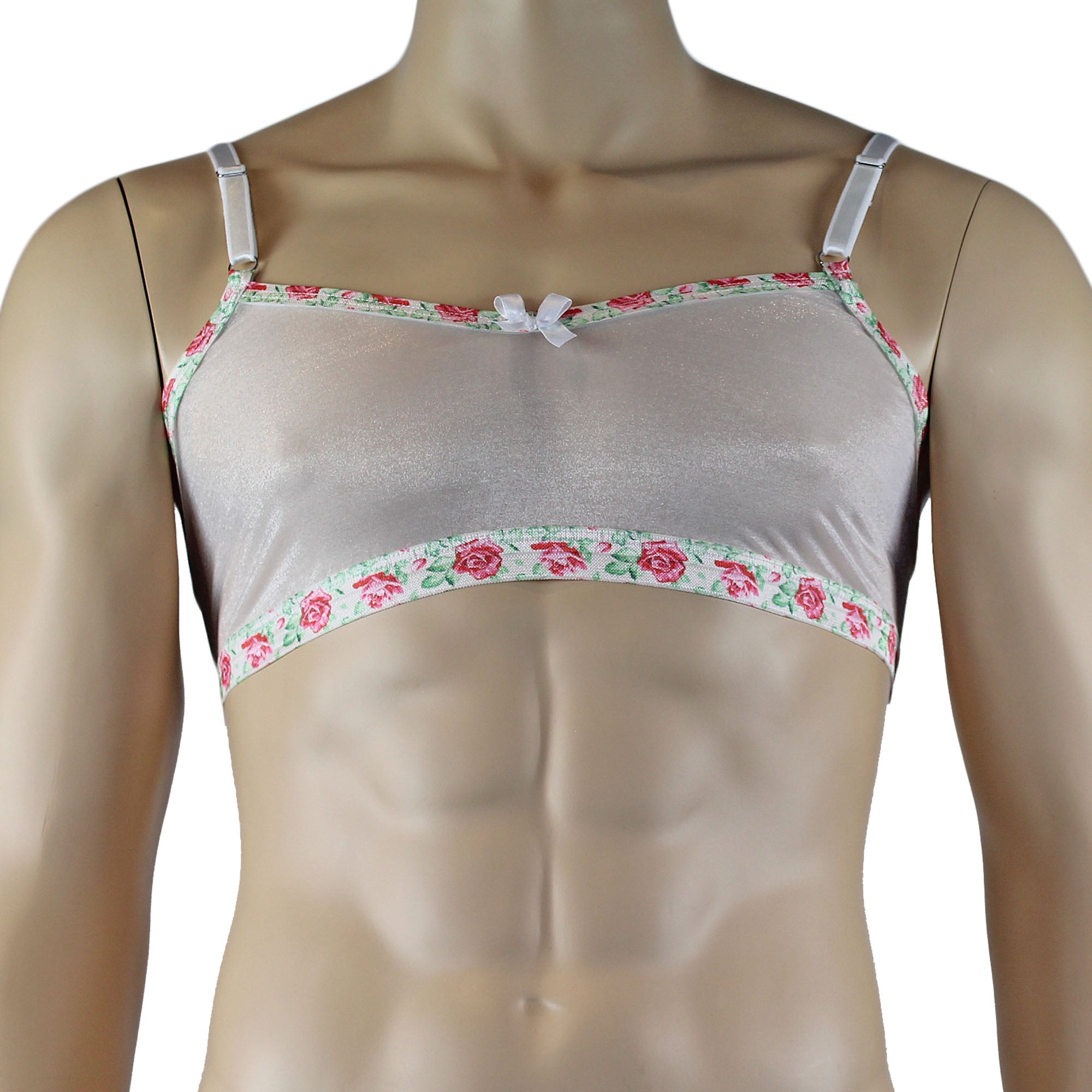 Mens Crystal Rose Sheer Stretch Glissenette Bra Top & G string with Flower Trim White