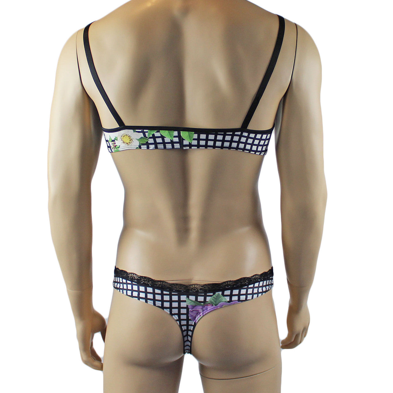 Mens Diana Bra Top & Thong in a Pretty Flower Checkered Print Spandex