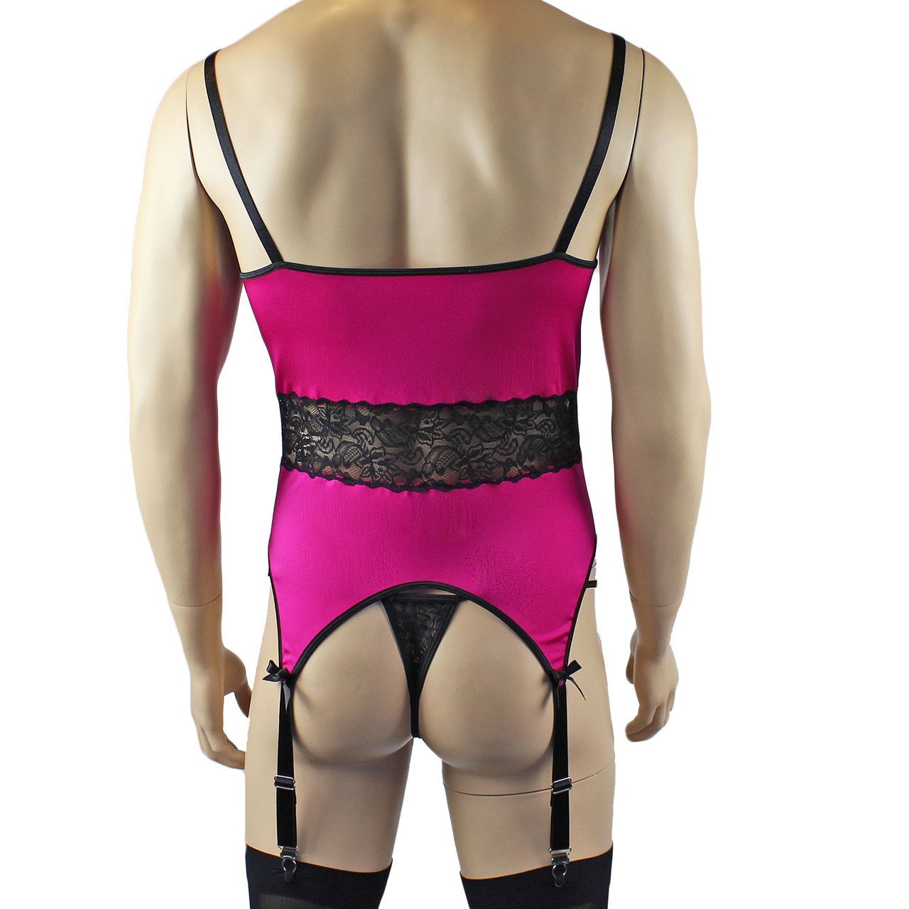 Mens Glamour Lycra & Lace Corset Top, G string & Stockings (raspberry plus other colours)