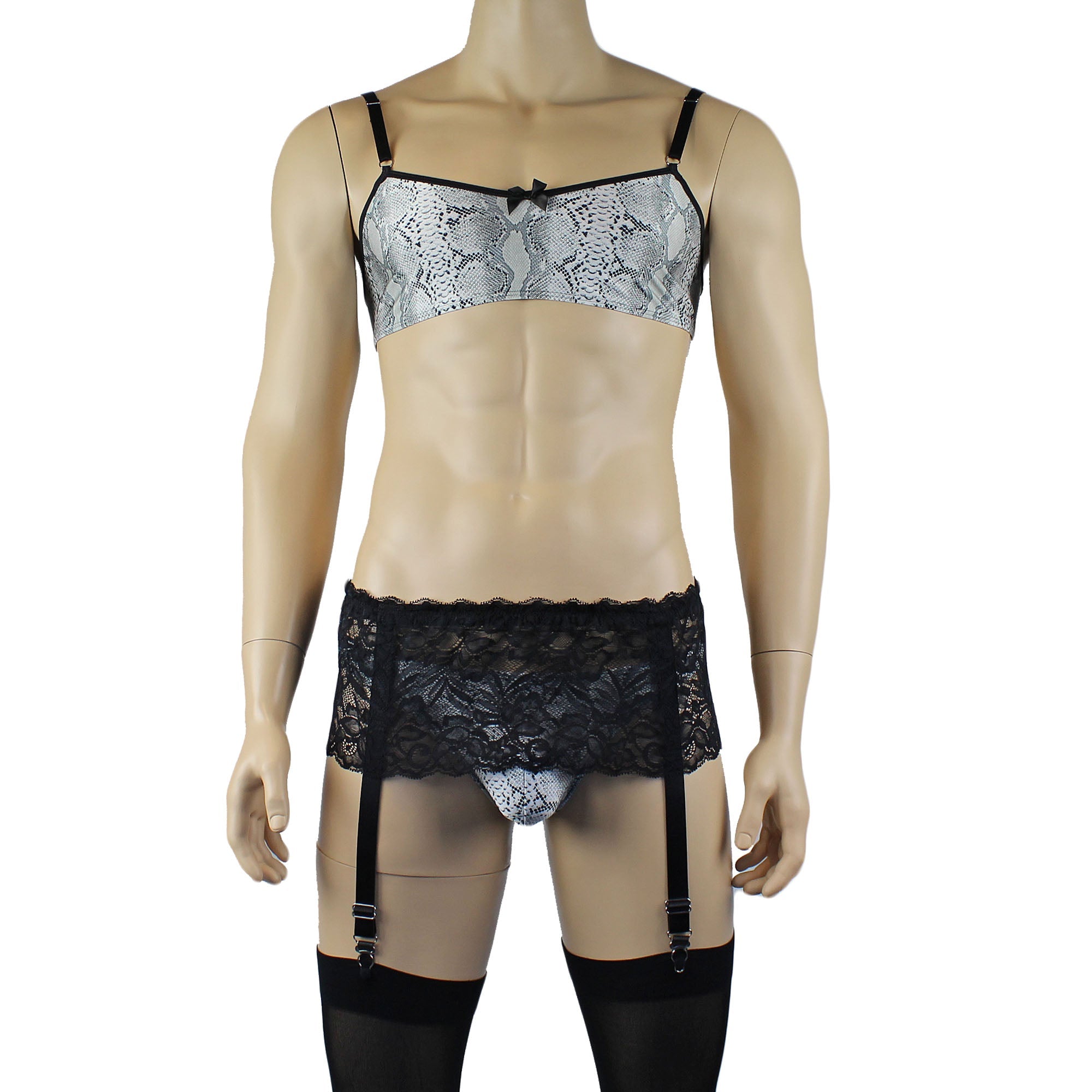 Mens Grey Snake Print & Black Lace Mens Bra Top, Thong, Garter & Stockings