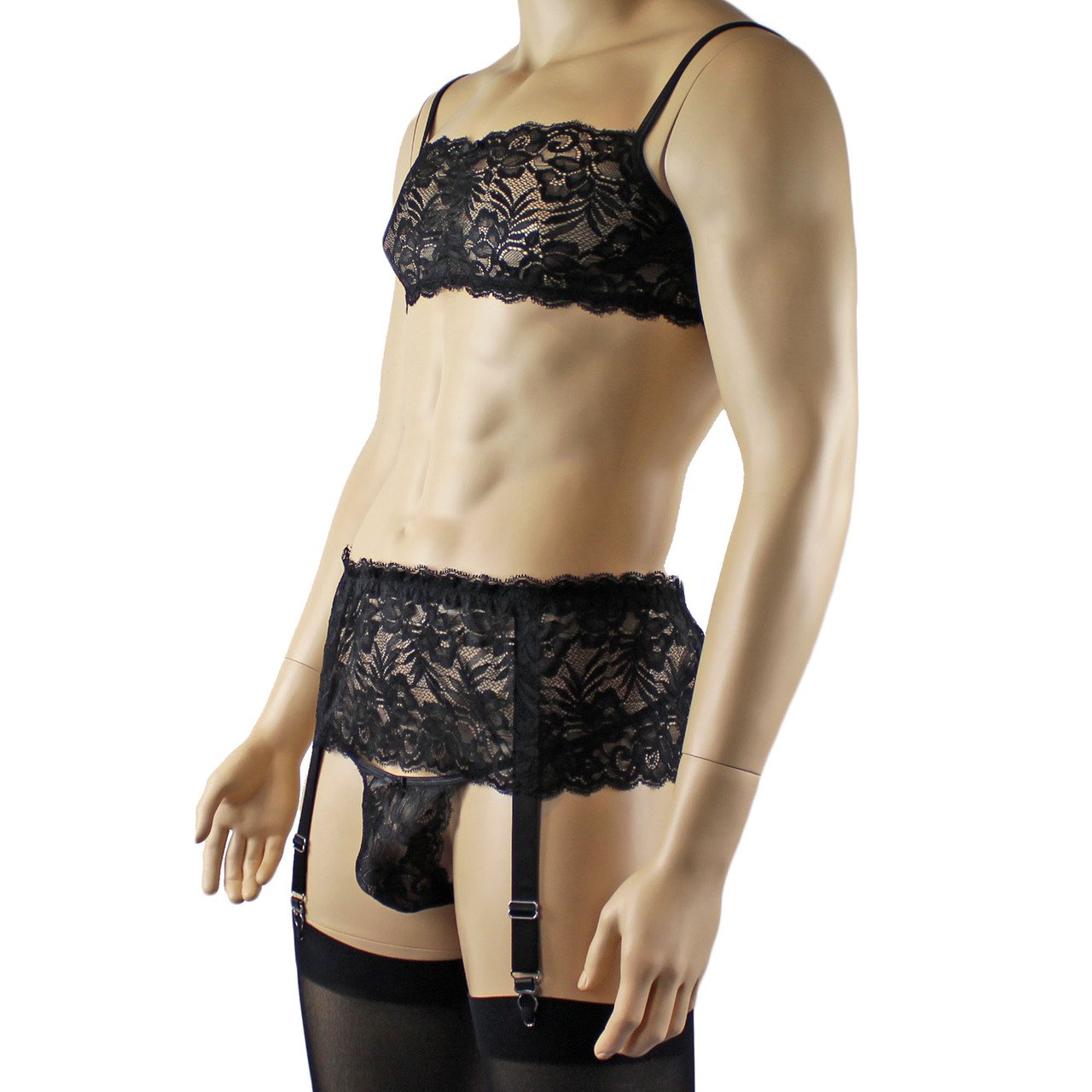 Mens Sexy Lace Bra, Pouch G string, Garterbelt & Stockings (black plus other colours)