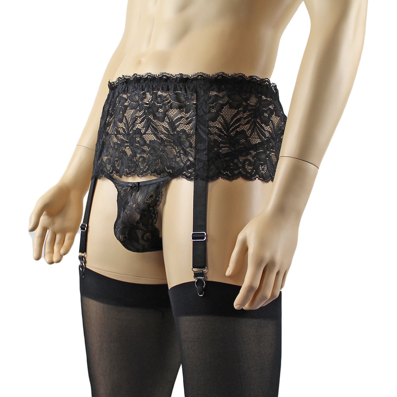 Mens Sexy Lace Pouch G string, Garterbelt & Stockings (black plus other colours)