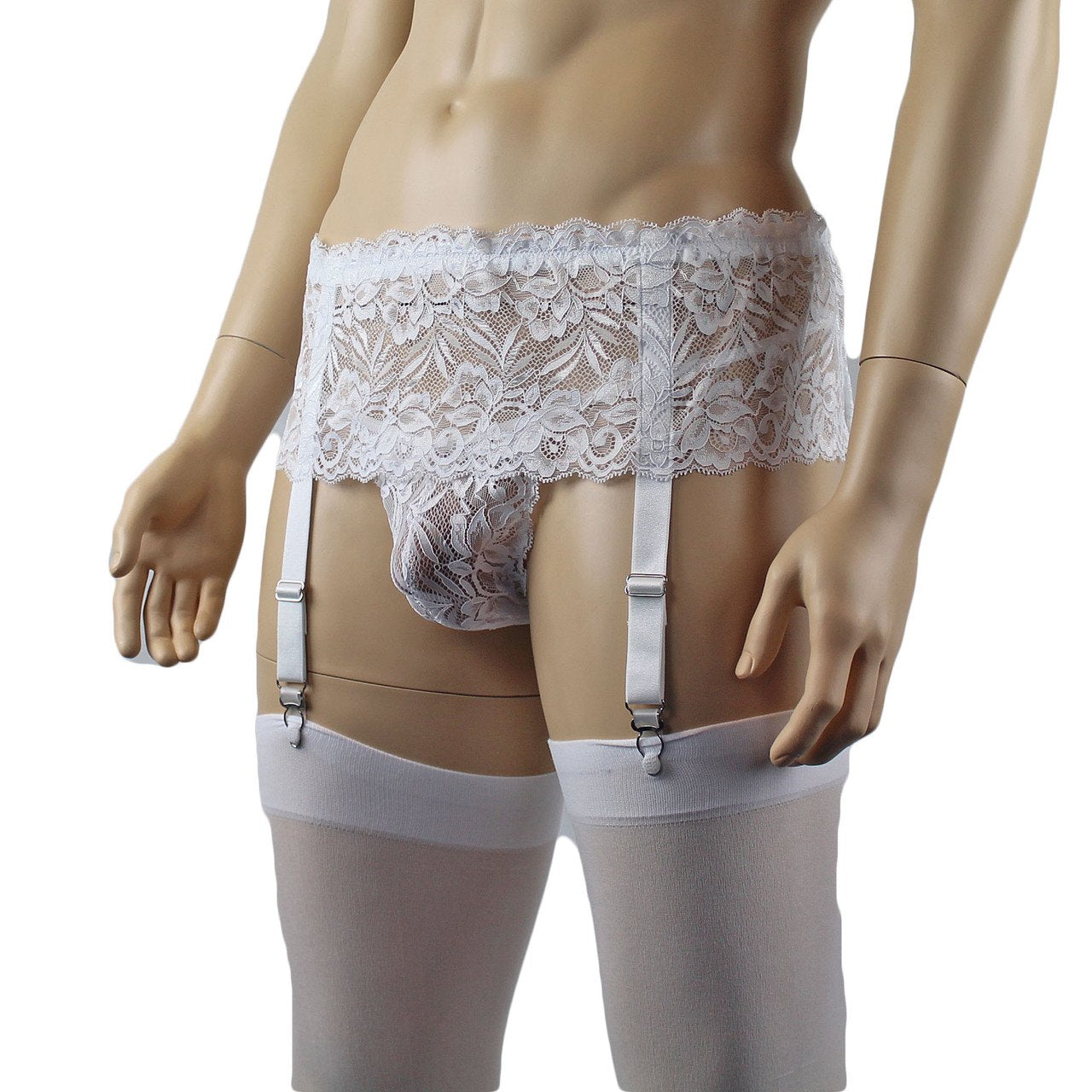 Mens Sexy Lace Bikini Brief, Garterbelt & Stockings (white plus other colours)