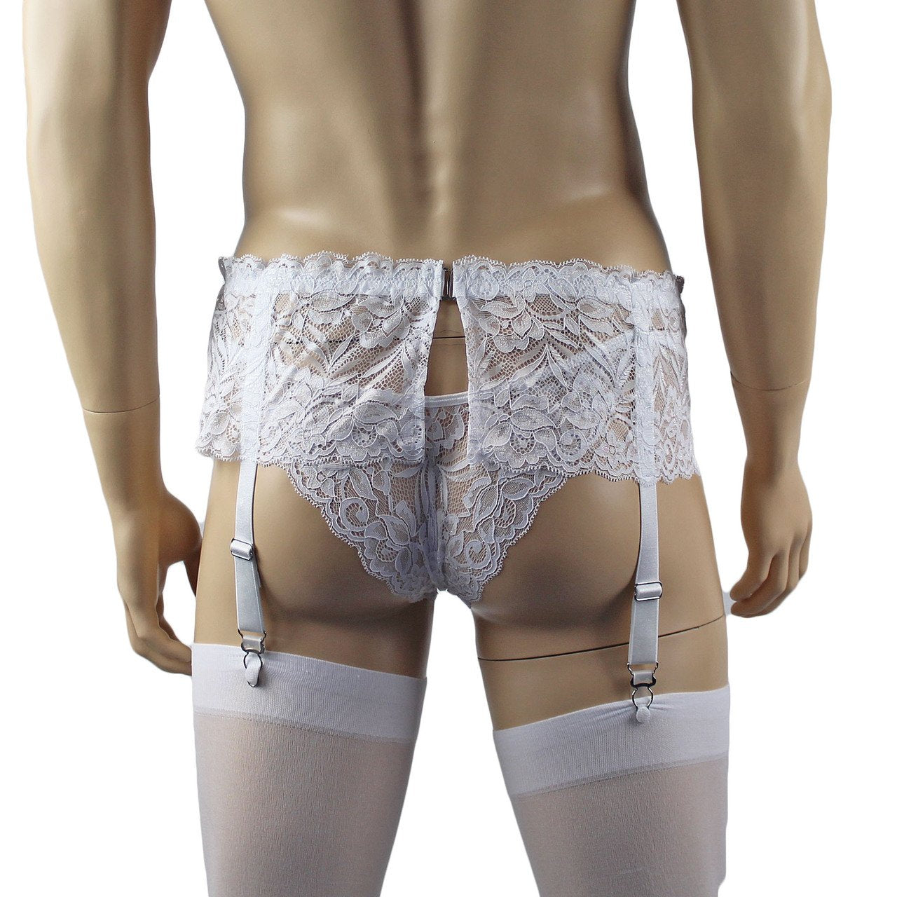 Mens Sexy Lace Bikini Brief, Garterbelt & Stockings (white plus other colours)