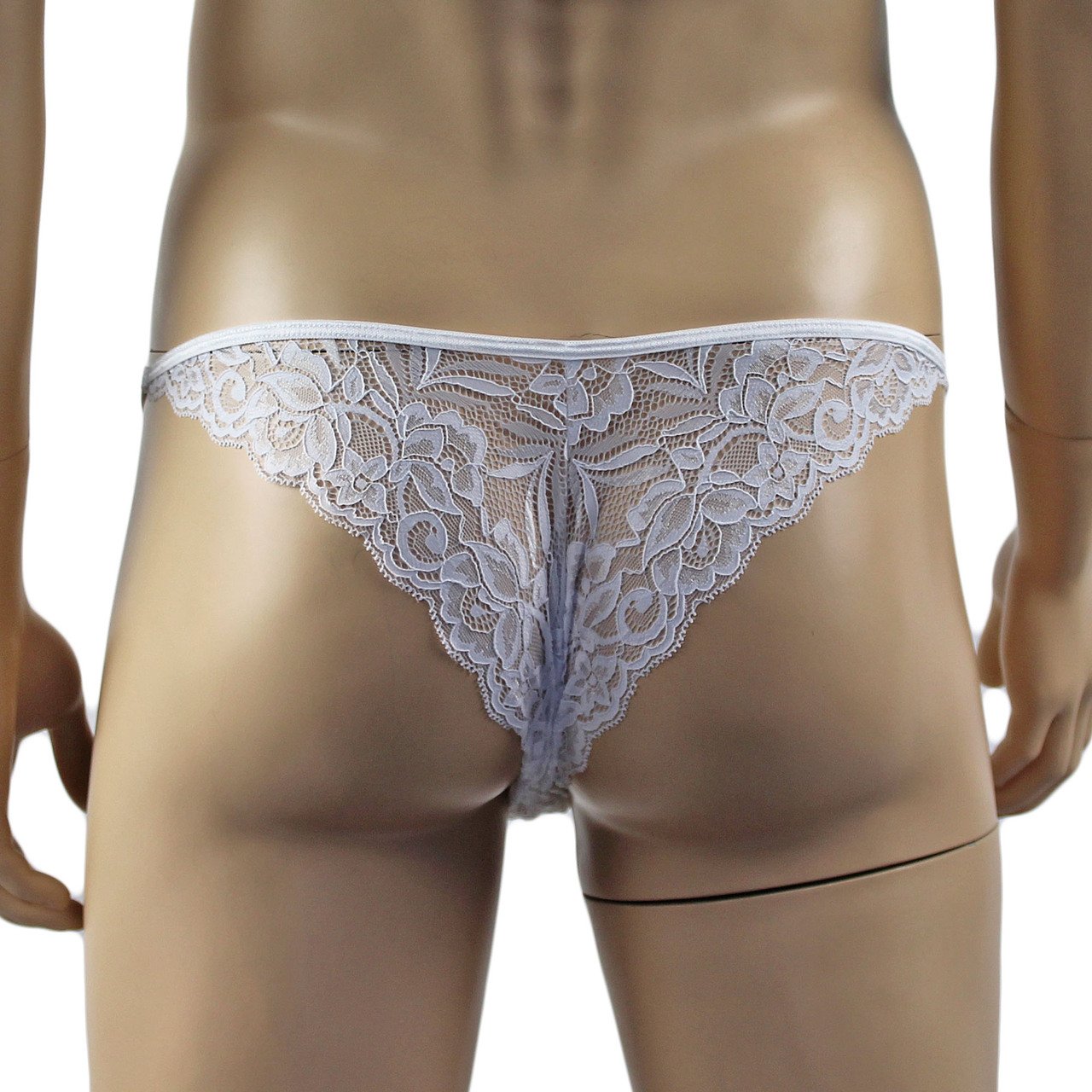 Mens Sexy Lace Bikini Brief, Garterbelt & Stockings (white plus other colours)