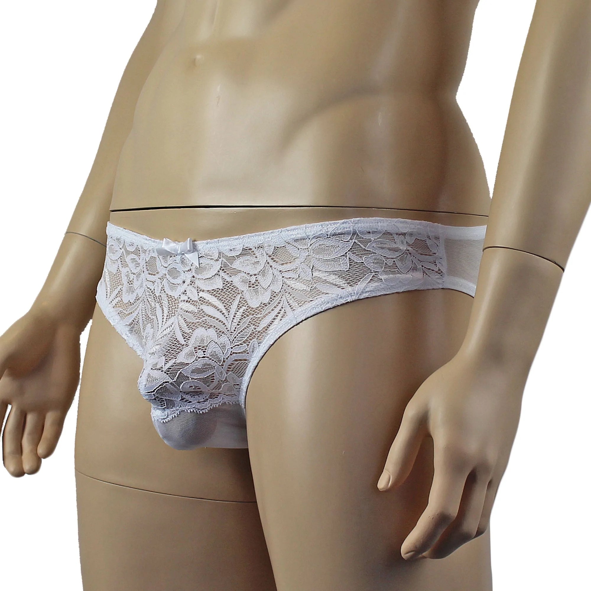 SALE - Mens Kristy Sexy Lace Bikini Brief Panties with See through Back White