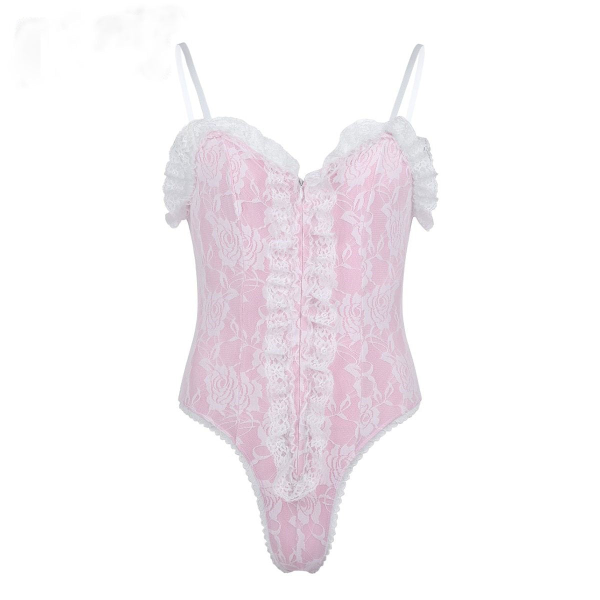 Mens Sissy Teddy Bodysuit with Floral Lace Pink & White