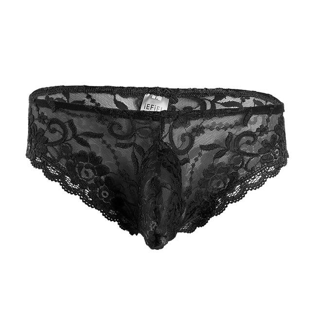 Mens Sissy Stretch Lace Briefs with Pouch Front Black