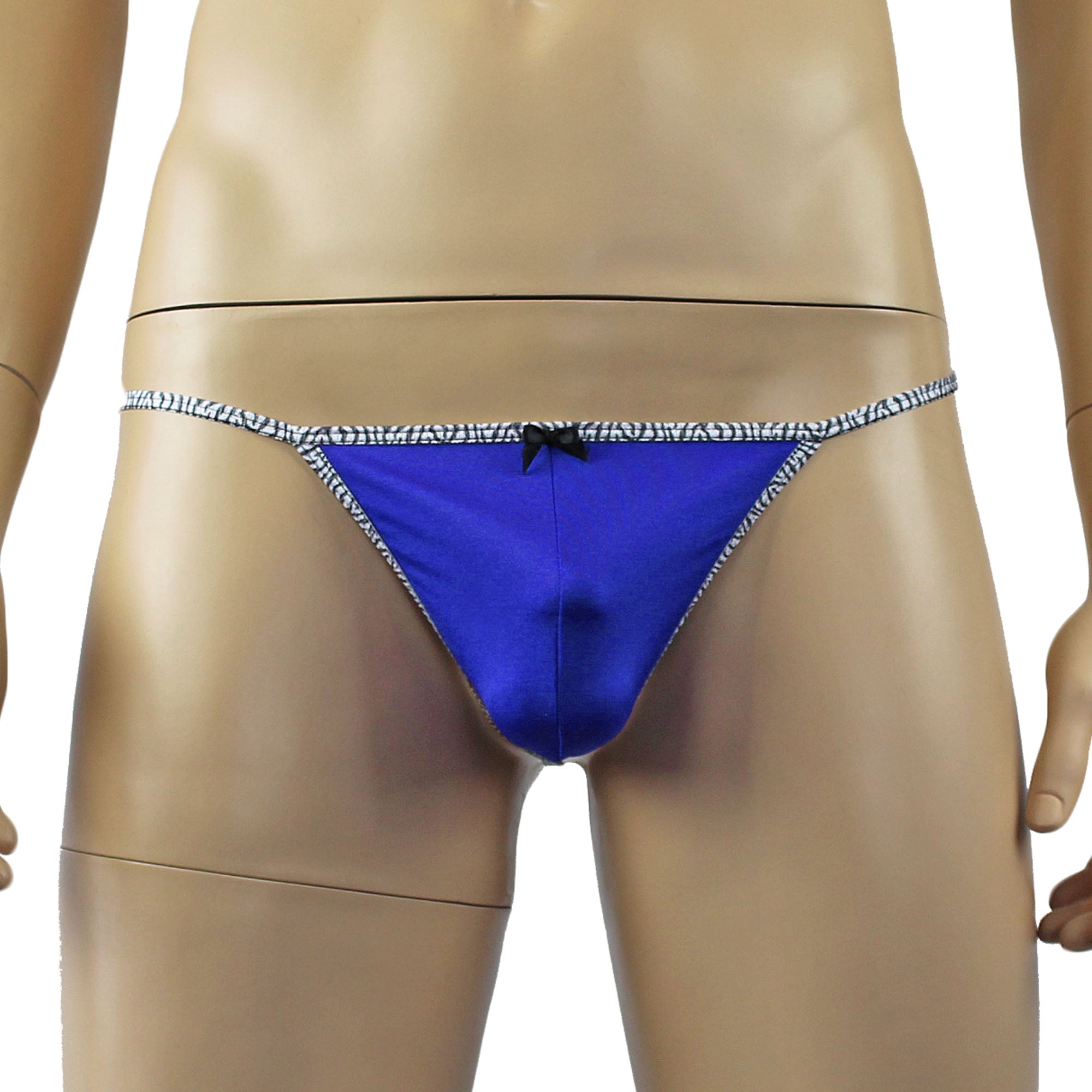 Mens Pretty Lycra G string Underwear with Zebra trim & Bow Blue