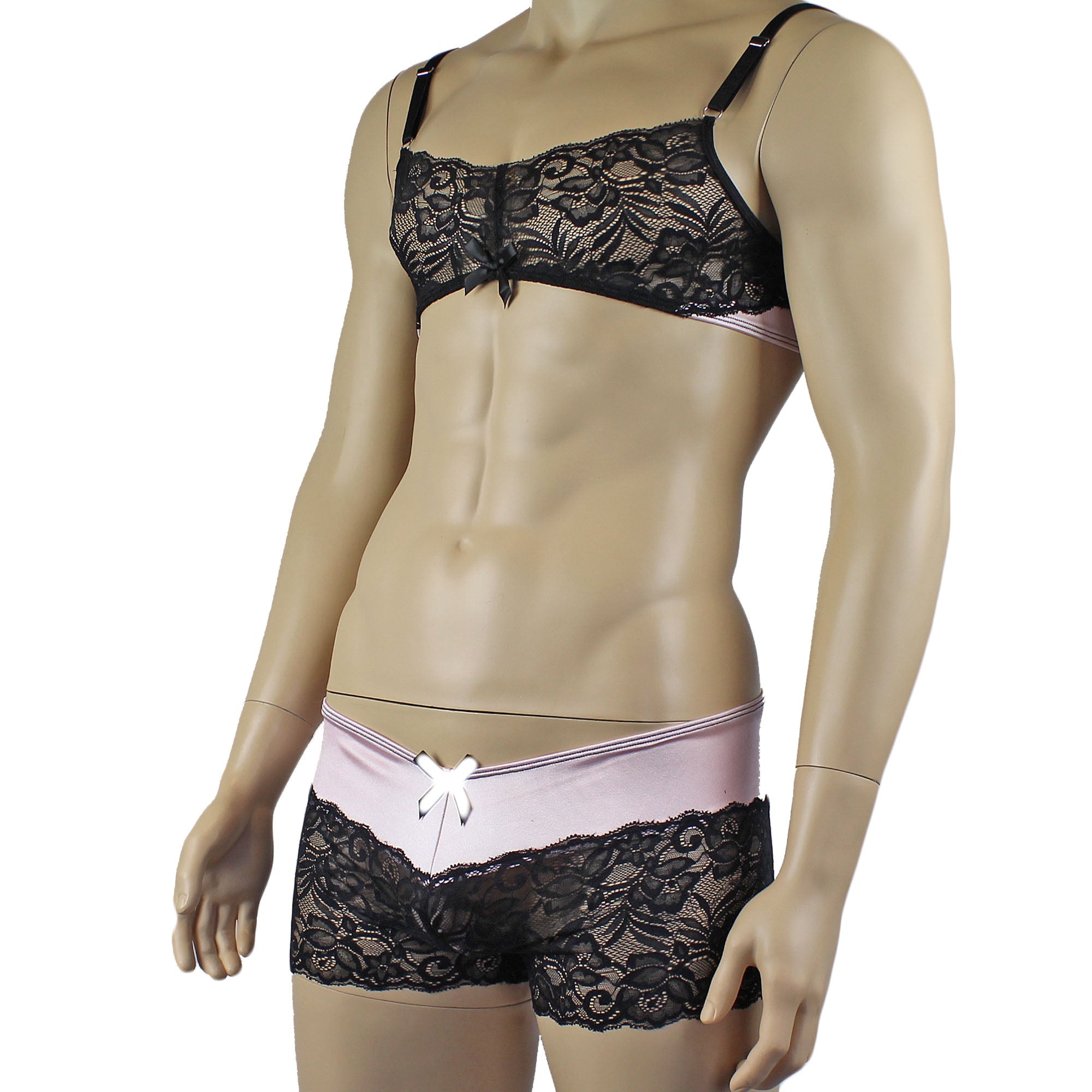 Mens Risque Bra Top, Boxer Briefs Light Pink & Black Lace