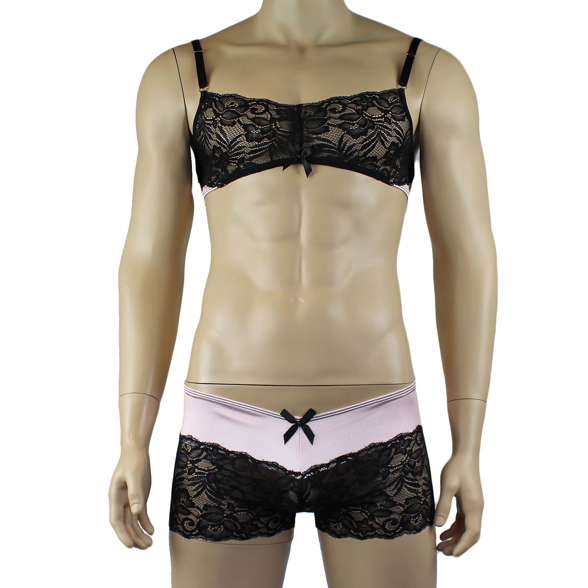 Mens Risque Bra Top, Boxer Briefs Light Pink & Black Lace