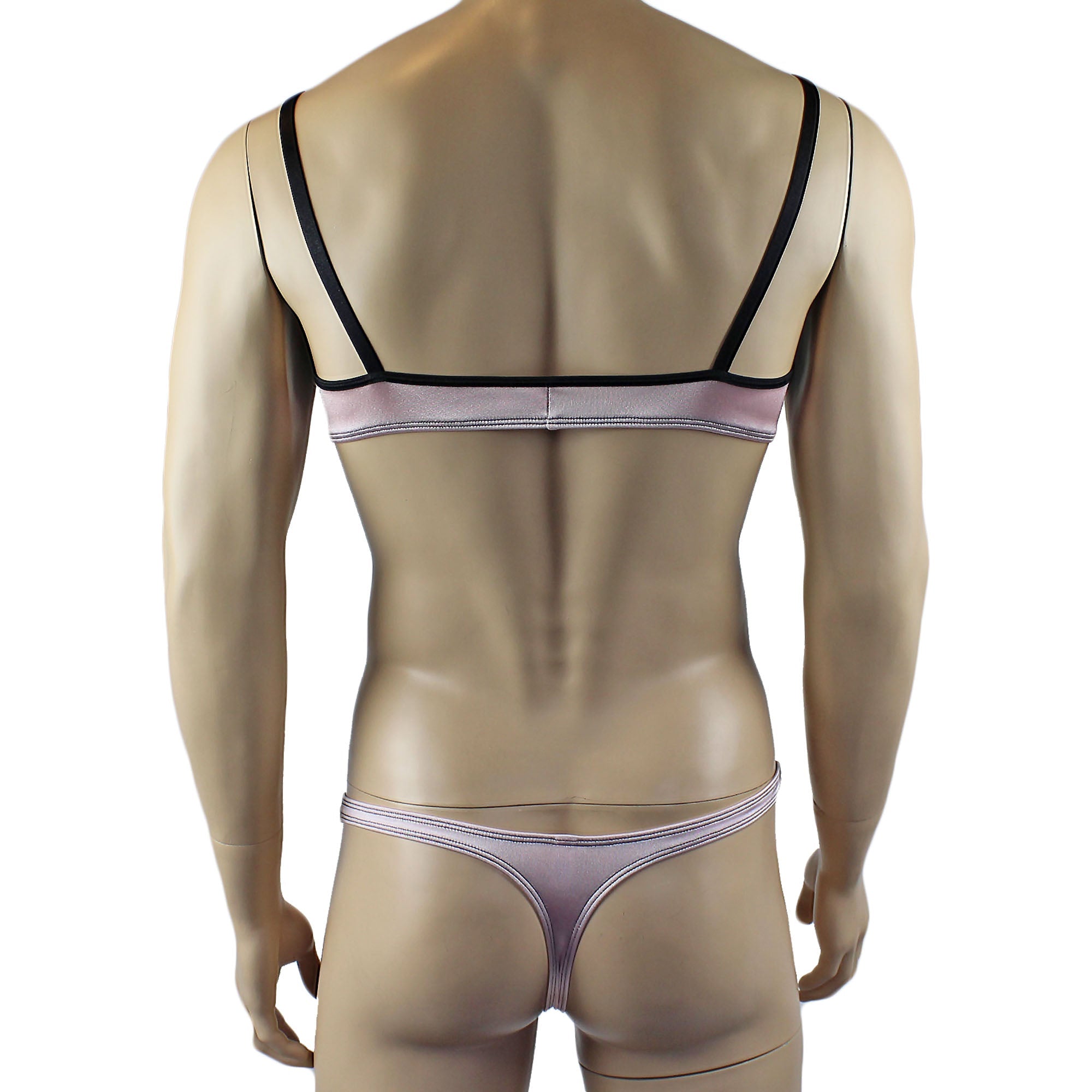 Mens Risque Bra Top and Thong Light Pink and Black Lace