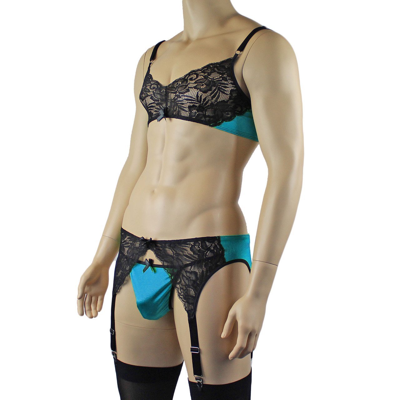 Mens Risque Bra Top, G string and Garterbelt (green and black plus other colours)