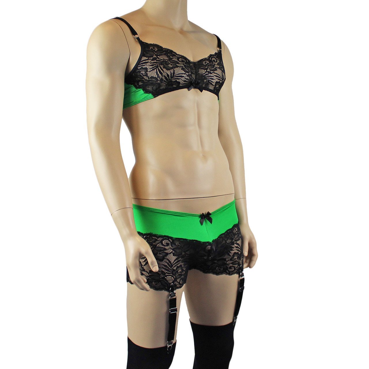 Mens Risque Bra Top, Boxer Briefs with Detachable Garters & Stockings (green and black plus other colours)