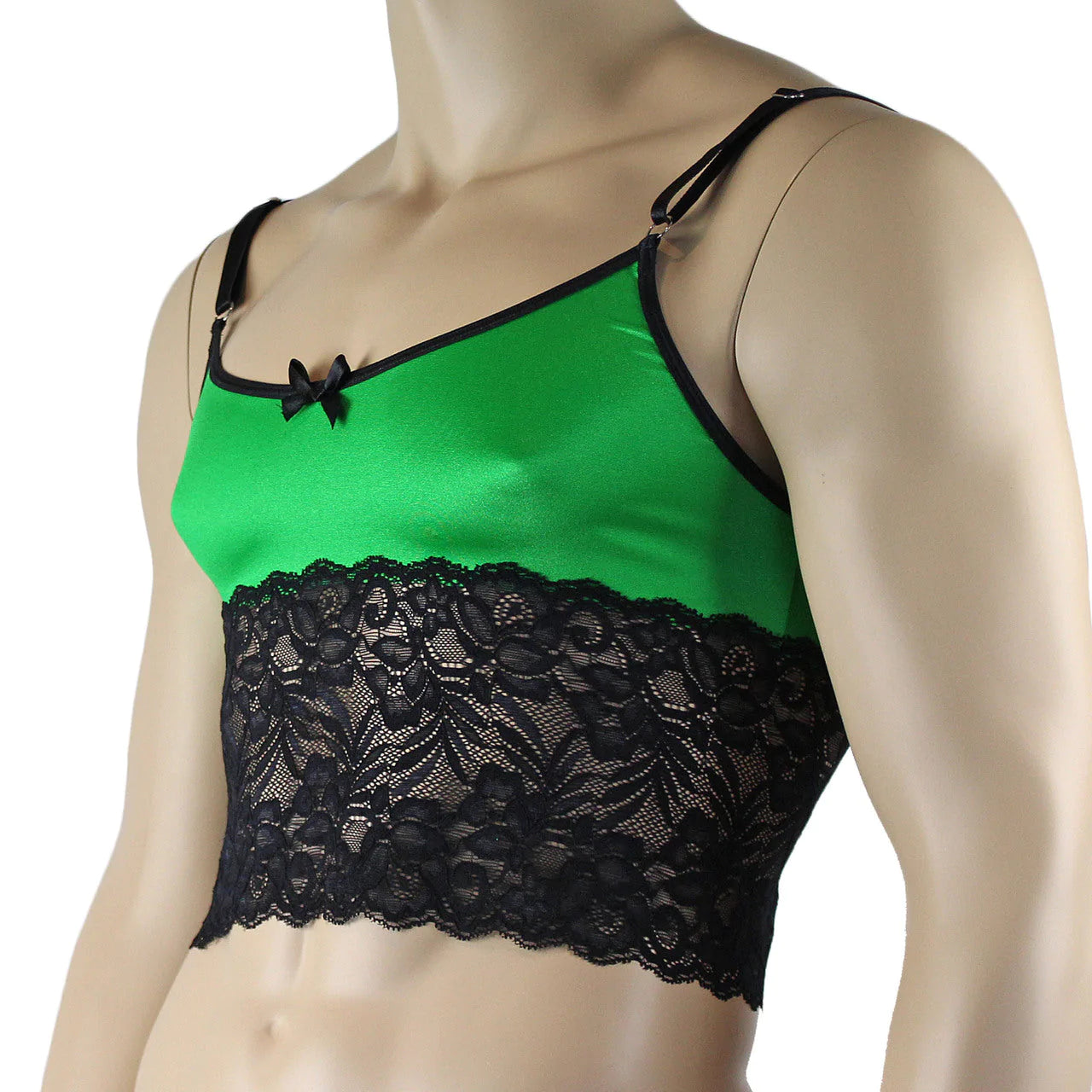 SALE -  Mens Risque Camisole Bra Top with Wide Lace Trim Green and Black Lace