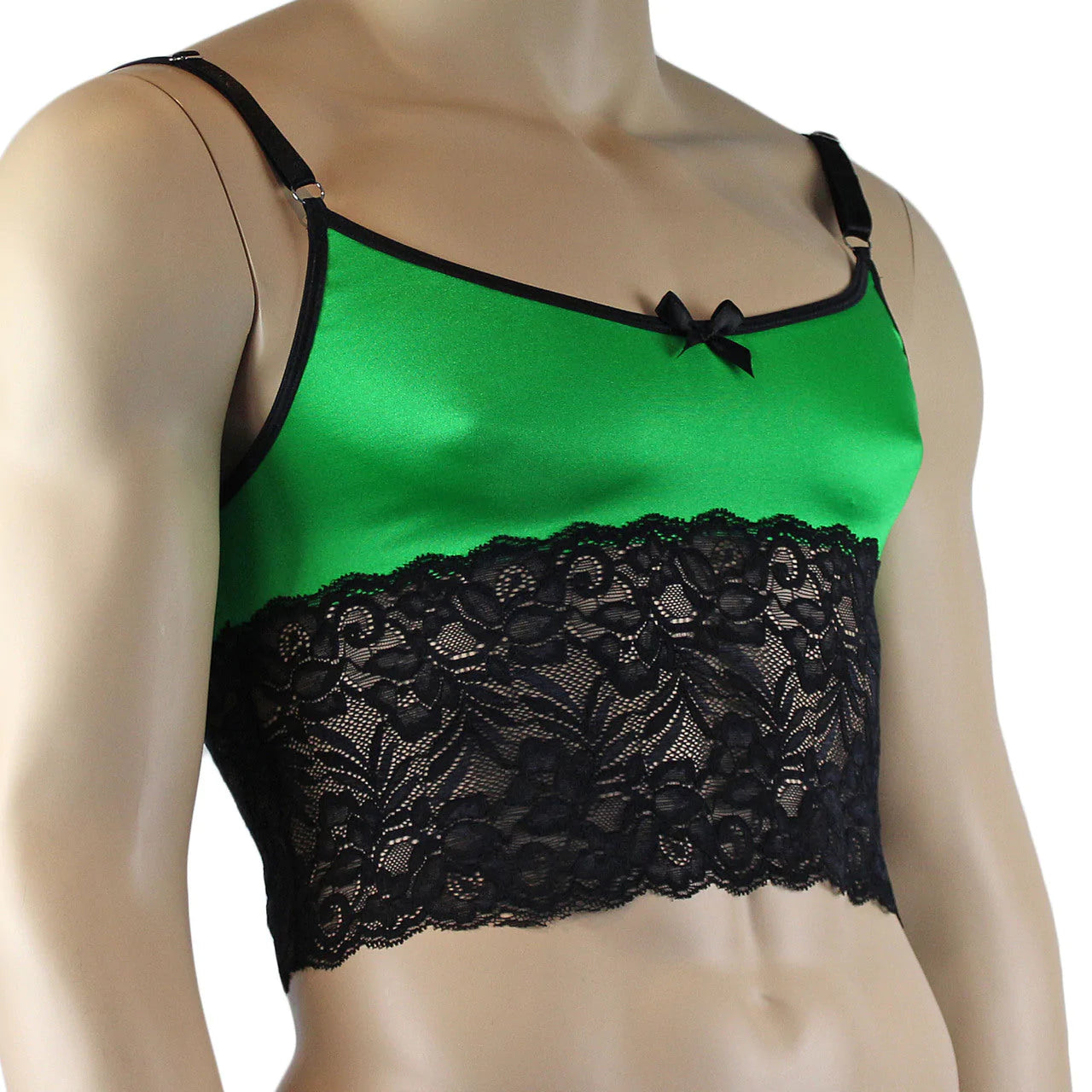 SALE -  Mens Risque Camisole Bra Top with Wide Lace Trim Green and Black Lace