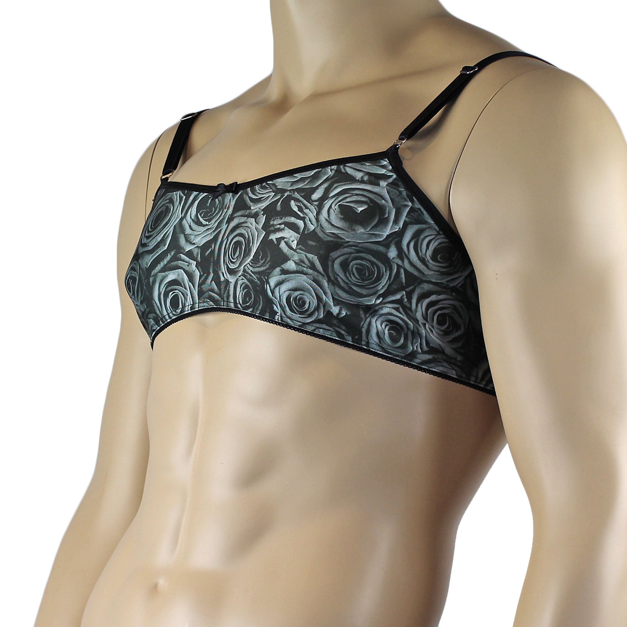 Mens Roses Spandex Bra Top with Frilled Pico Elastic Trim Male Lingerie Grey