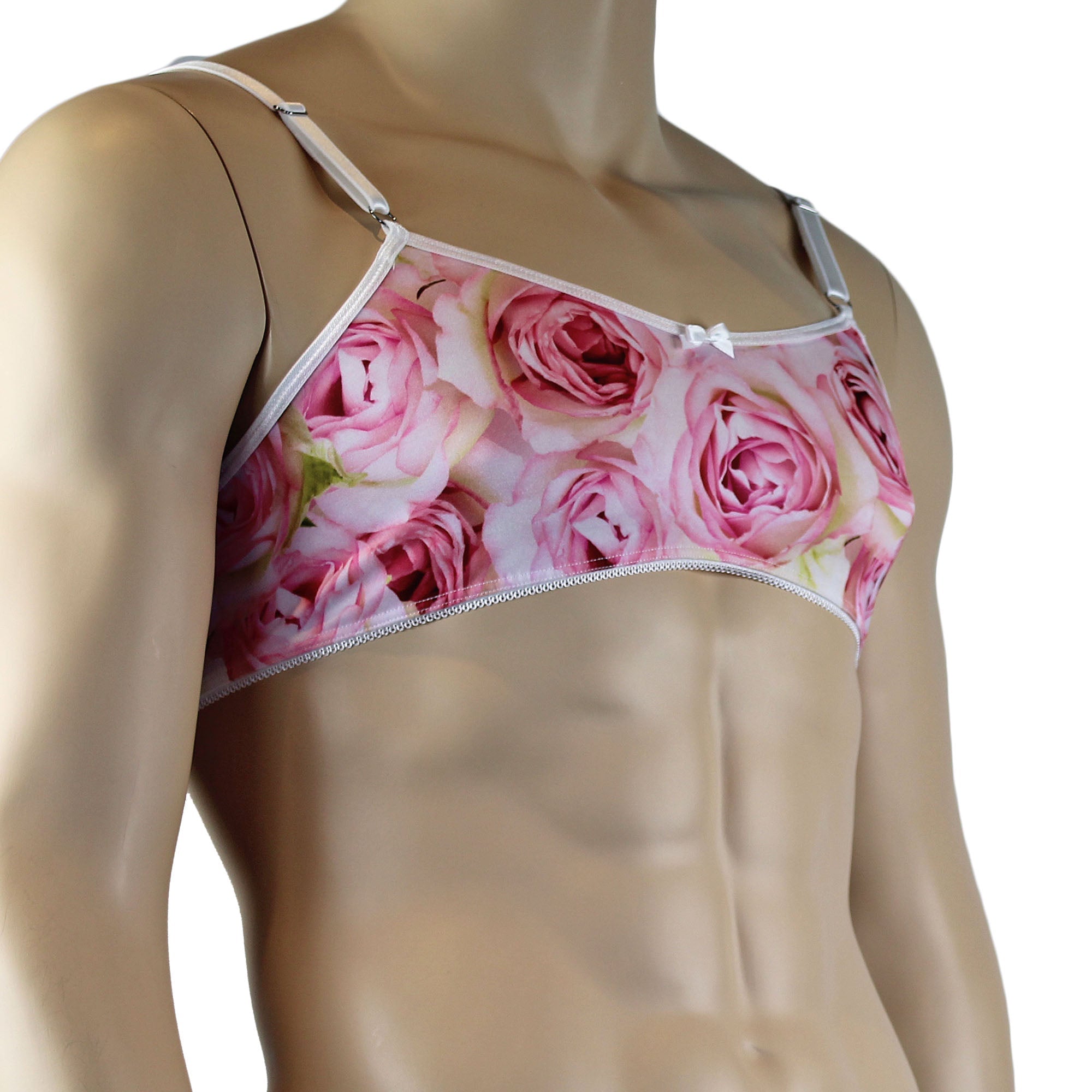 Mens Roses Spandex Bra Top with Frilled Pico Elastic Trim Male Lingerie Pink